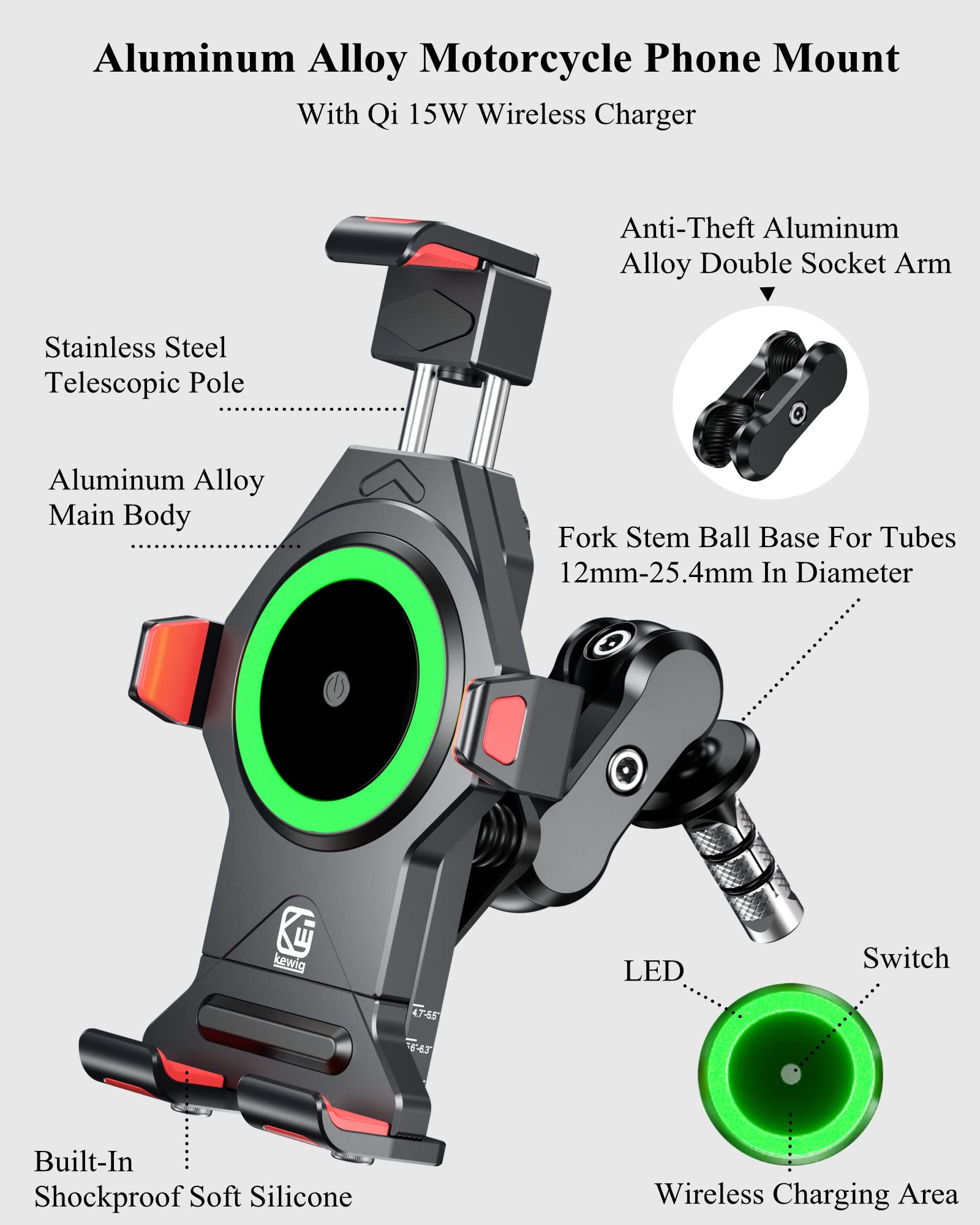 Brcovan Motorcycle Fork Stem Phone Mount With Qi 15W Wireless Charger & Vibration Dampener, Anti-Theft, Anti-Shake, Adjustable,
