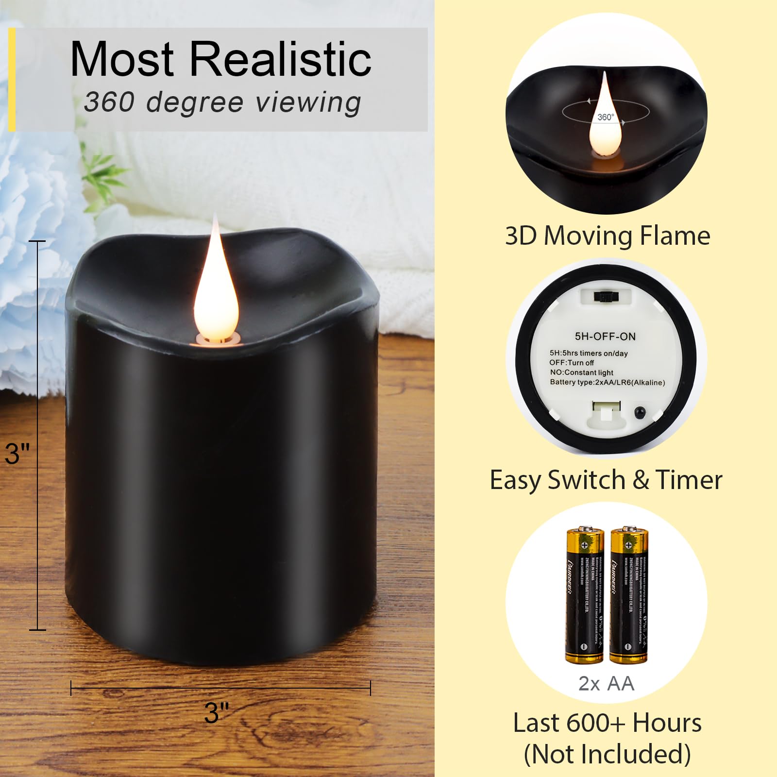 Techlong Black Flameless Candles, Halloween Candles Battery Operated With Remote Timer, 3D Moving Flame Flickering Last 600+ Hou