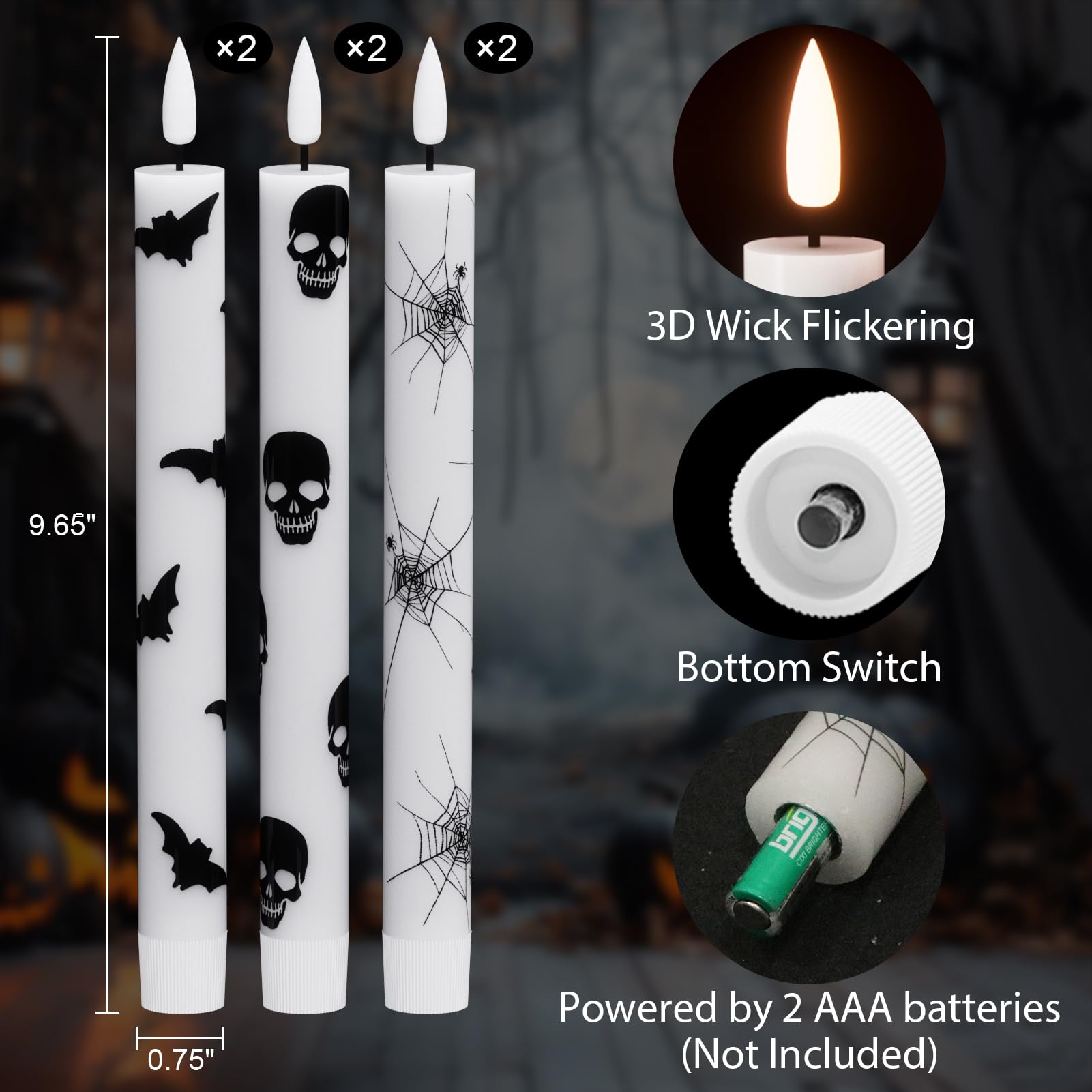 Wondise Halloween Flameless Taper Candles With Remote & Timer, Battery Operated Candles With Spider Web, Bats, Skull, Real Wax 3