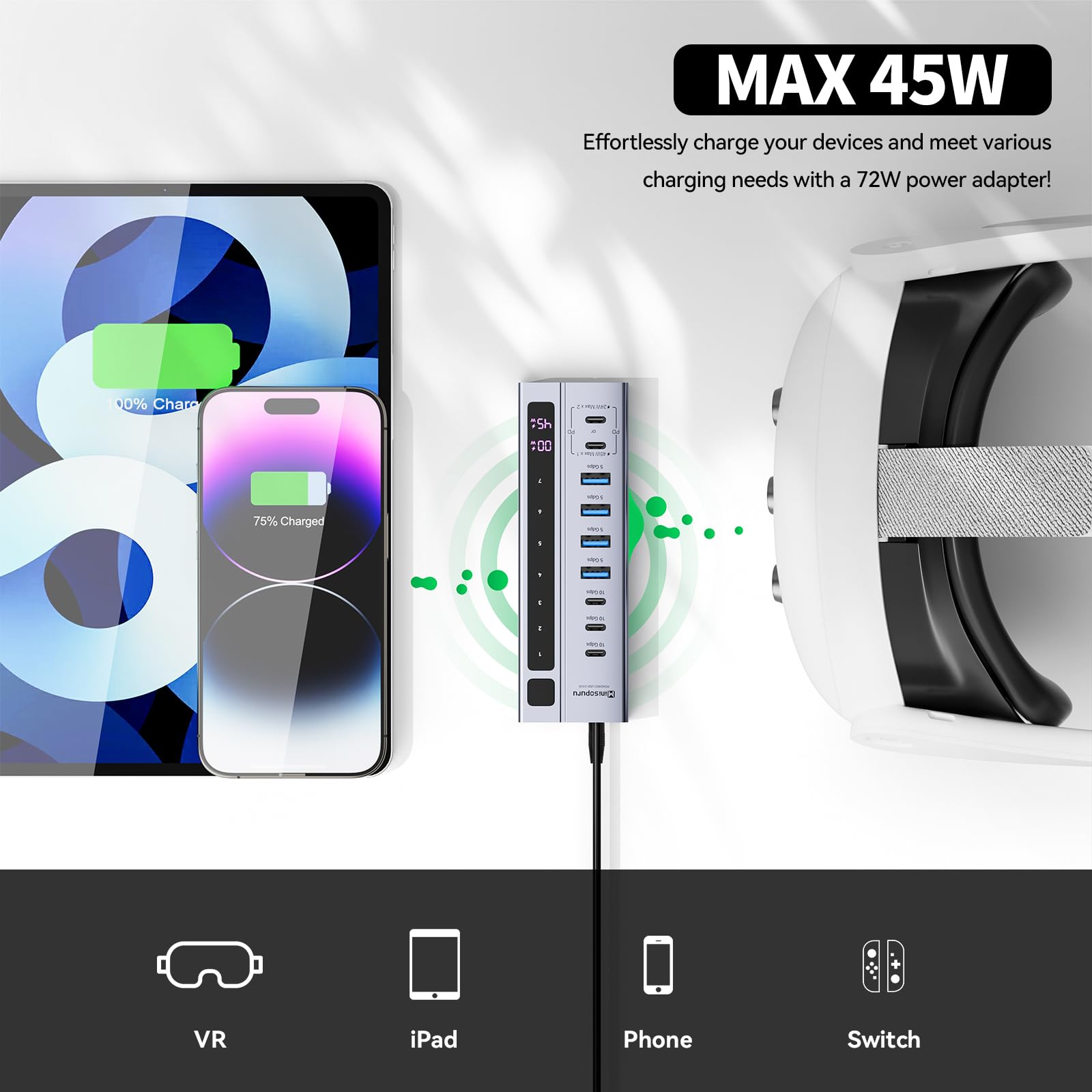 Minisopuru Powered Usb C Hub   Support Max 45W Charging With 72W Power Adapter, 10Gbps Data Transfer, Usb C To Usb C Hub Chargin