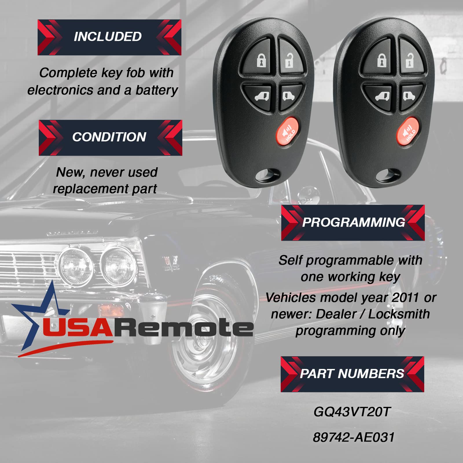 Key Fob Keyless Entry Remote Fits 2004-2016 Toyota Sienna (Gq43Vt20T 5-Btn, Set Of 2)