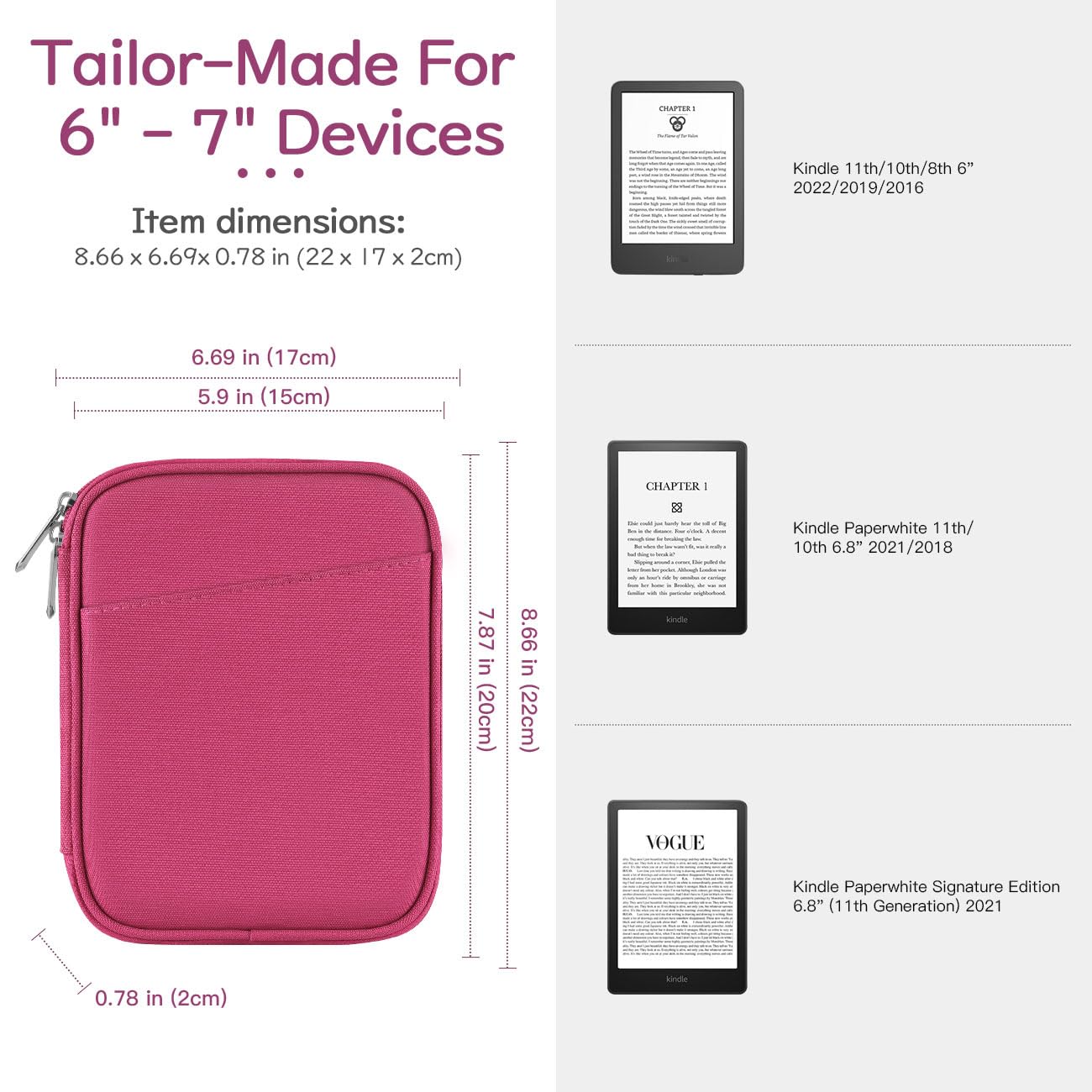 Vinabilia Rose Pink 6 7 Inch E Reader Cover   Protective Sleeve Bag For Kindle 11Th Gen 2022, Paperwhite 11Th/10Th Gen 2021/2018