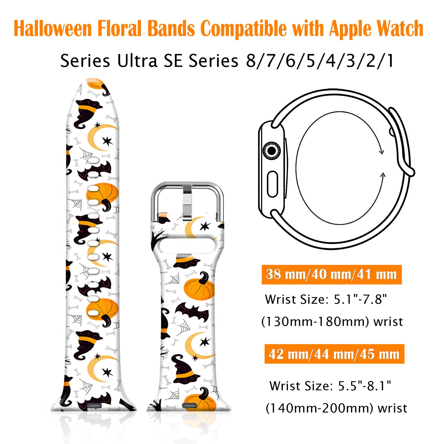 Ftfcase Fall Halloween Floral Silicone Bands Compatible With Apple Watch 49Mm 45Mm 44Mm 42Mm, Pumpkin Witch Hat Flower Sport Str