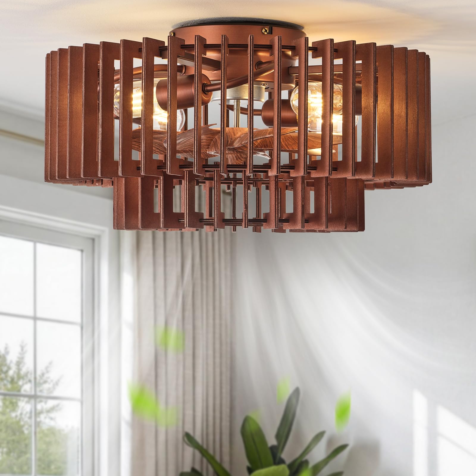 Seodmhar 20 Wood Caged Ceiling Fans with Lights, Flush Mount Farmhouse Rustic Ceiling Fan with Light Remote Control, Low Profile
