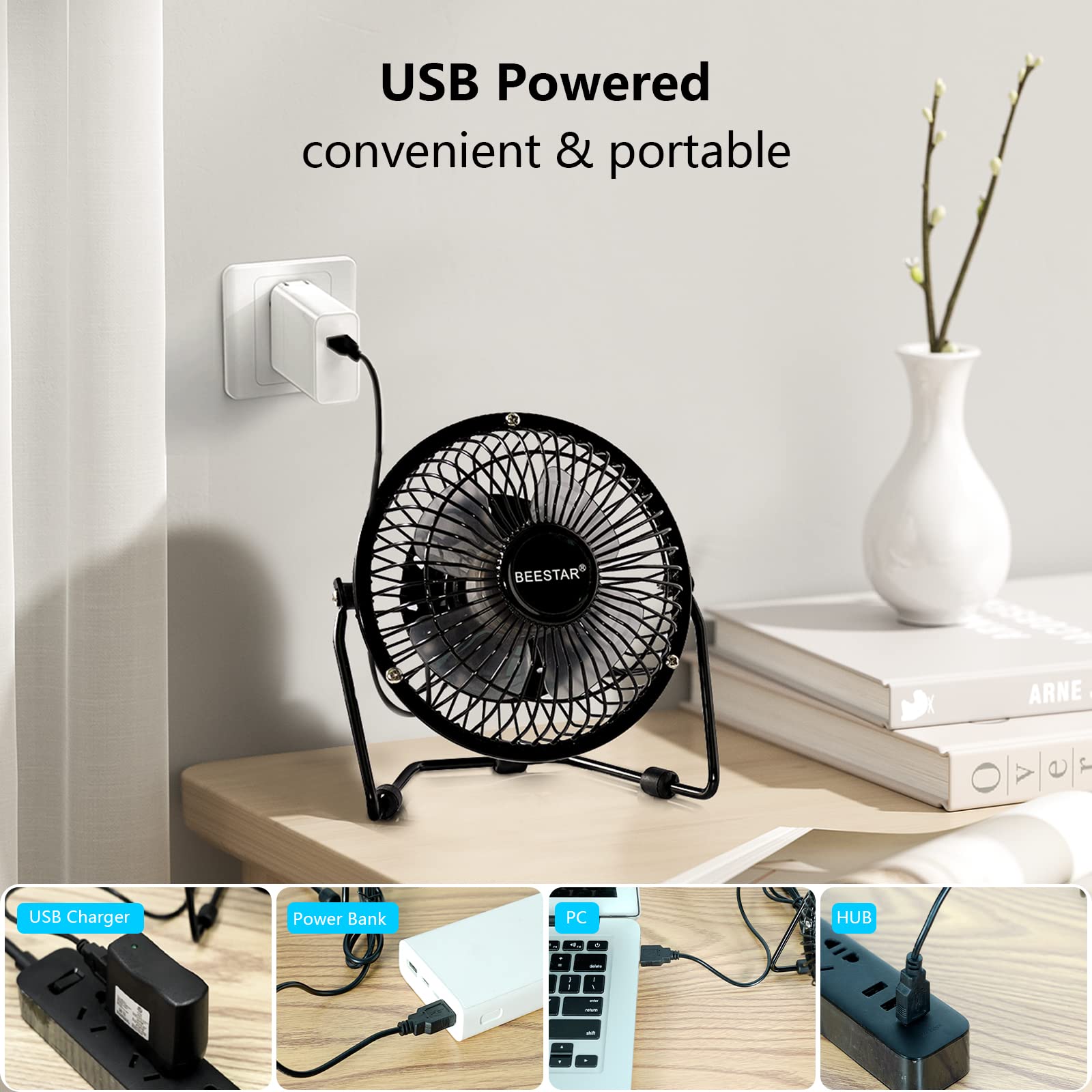 Beestar 4 Inch Mini Fan With Metal Construction,Powerful Usb Powered,360 Rotation Desk Personal Cooling Usb Fans Small Quiet For