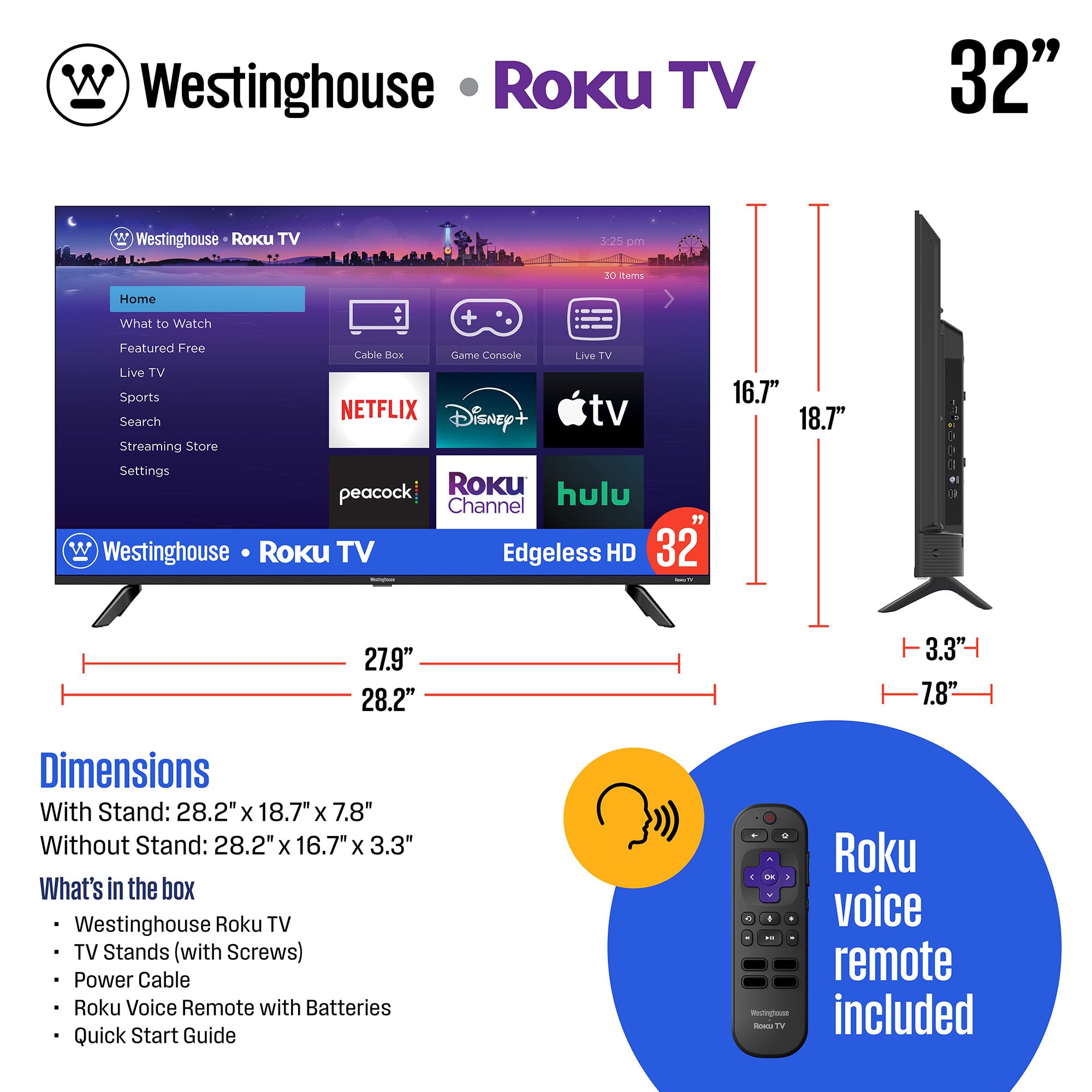 Westinghouse Edgeless Roku Tv   32 Inch Smart Tv, Led Hd Tv W/Wi Fi & Mobile App Connectivity, Flat Screen Tv Compatible W/Apple
