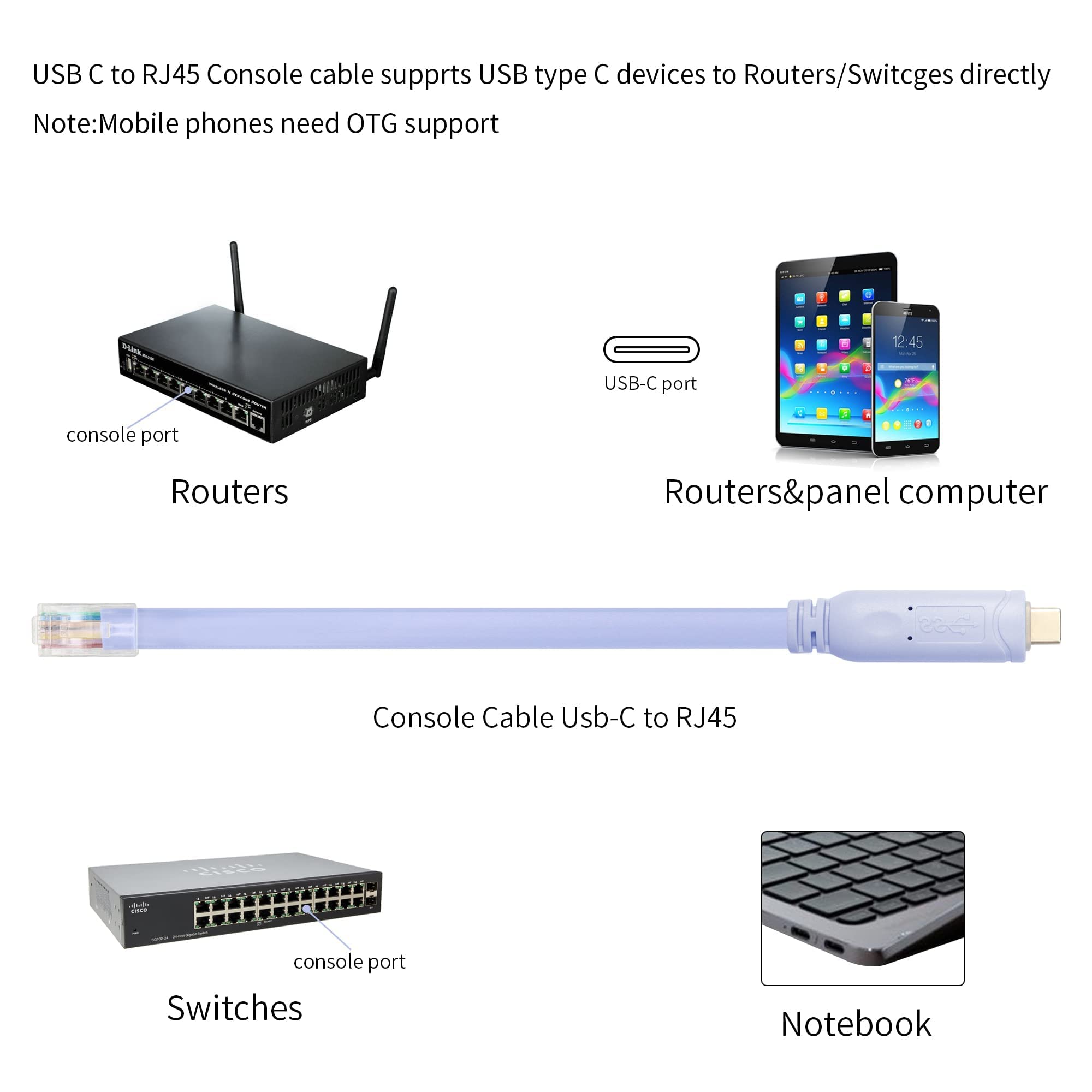Qianrenon Usb C Cisco Console Cable, Usb C To Rj45 Console Serial Debug Cable With Ftdi Chip, Usb Type C To Rj45 Serial Adapter Cable Compatible With Router, Switch, Firewall, Ap (Wireless), 6 Ft