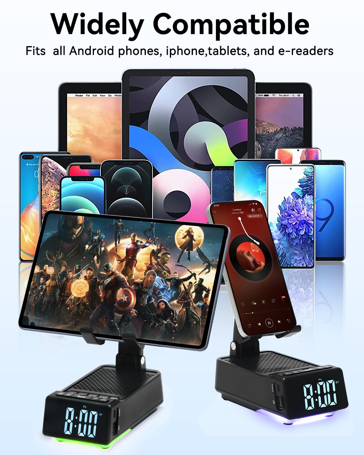 Bfushiony Cell Phone Stand With Wireless Bluetooth Speaker & Alarm Clock - Birthday Gifts For Men Women, 5 In 1 Phone Holder Wit