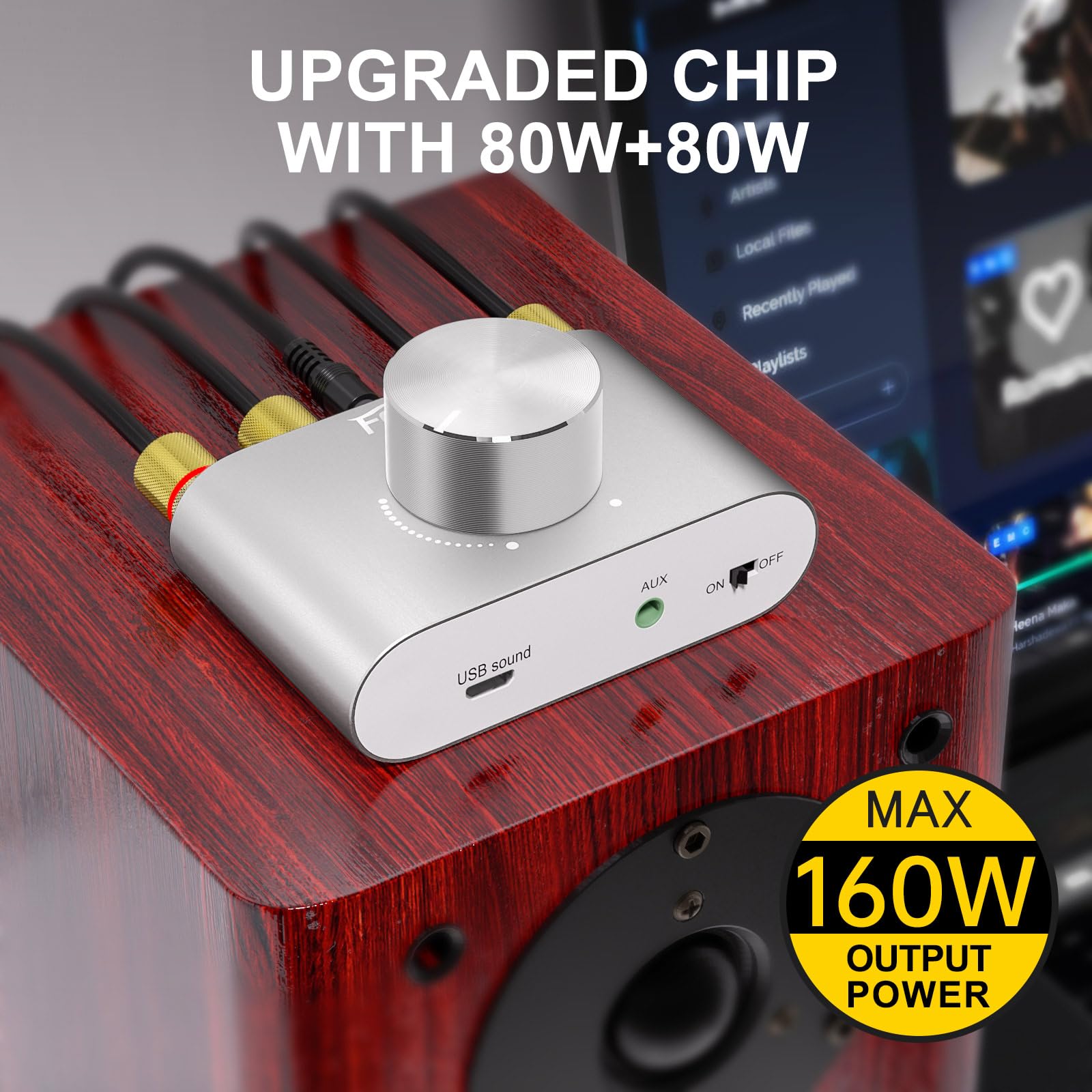 Facmogu F900S 160W Bluetooth 5.0 Mini Amplifier, 80Wx2 2.0Ch Audio Power Amplifier, Hi Fi Stereo Sound Digital Amp Wireless Speaker Amp Receiver W/Aux/Usb/Bt Input & 12V 5A Power Adapter   Silver