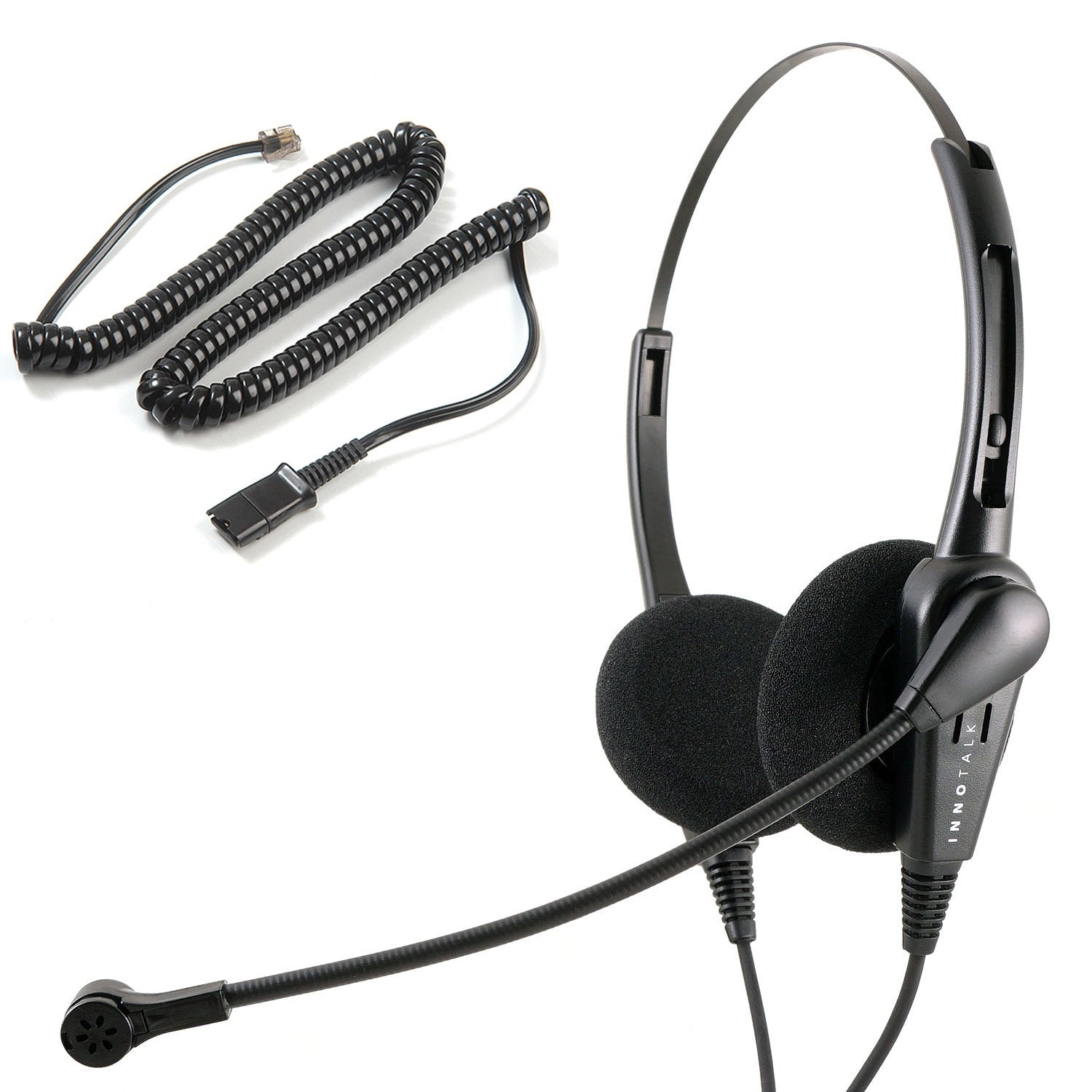 Innotalk   Rj9 Classic Binaural Office Phone Headset & Qd Pigtail Adapter With Noise Canceling Mic, Call Center Phone Headset, H