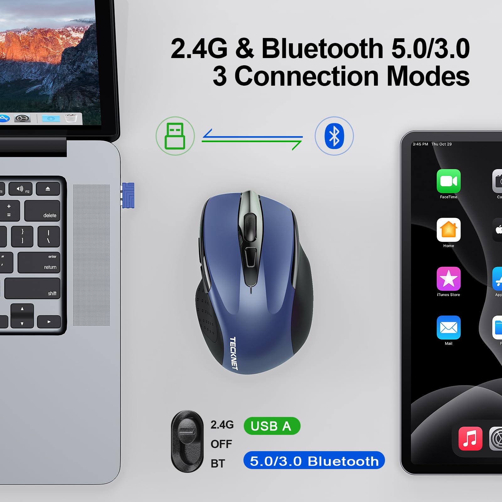 Tecknet Wireless Mouse (Bt5.0/3.0 & 2.4G) Rechargeable 4800 Dpi Silent Mouse 6 Buttons Bluetooth Mouse, Usb A Mouse Wide Compatibility   Blue