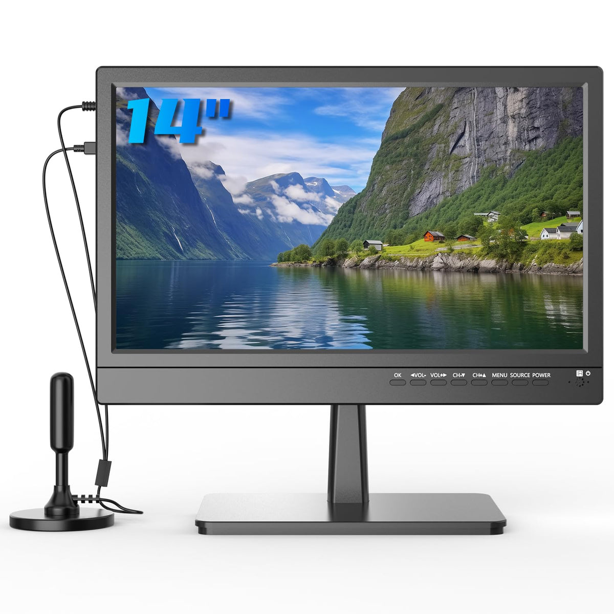Feihe 14 Inch Small Flat Screen Kitchen Tv With Antenna Atsc Tuner/Usb/Hdmi/Av/Vga, Built In Tv Stand And Remote Control For Car