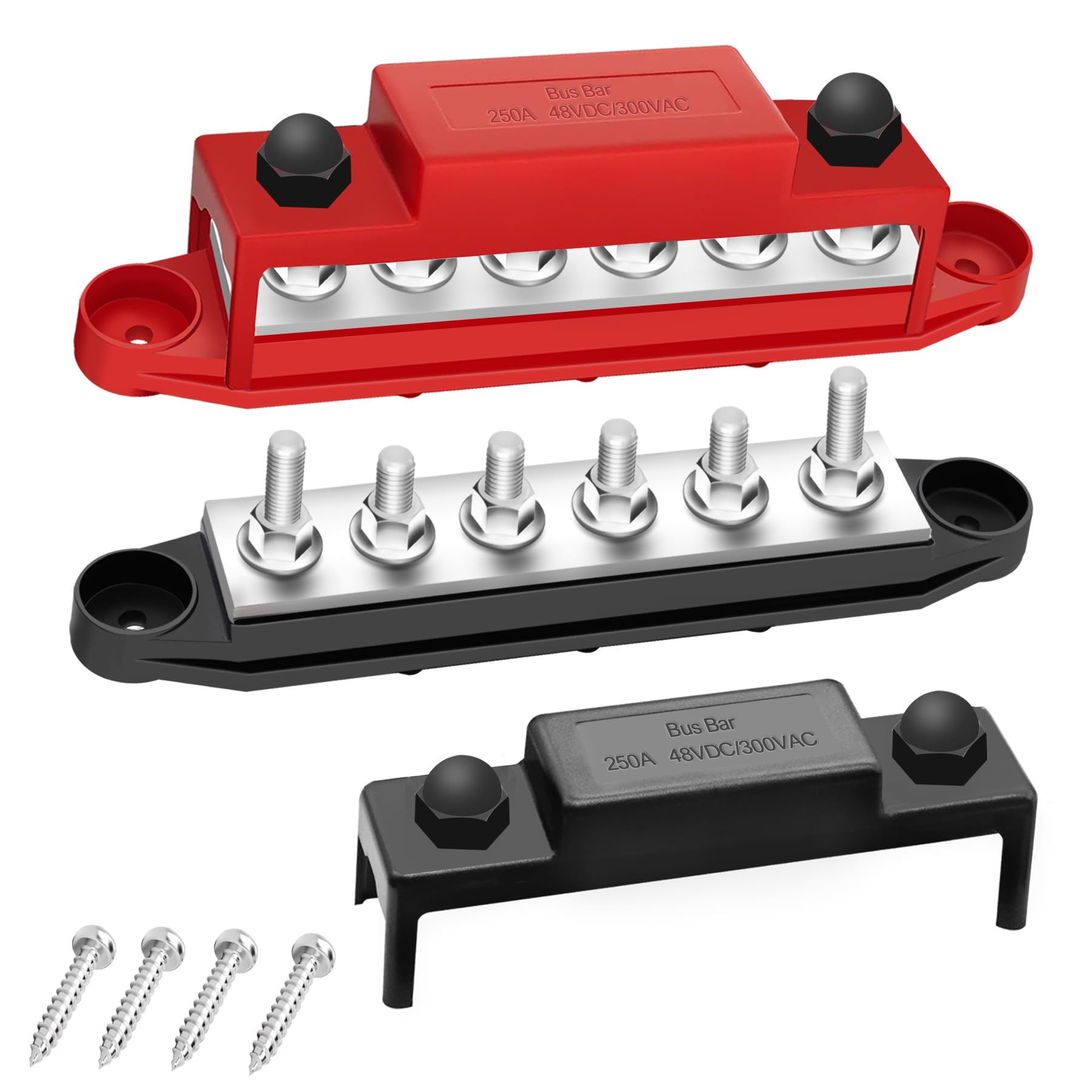 250A Bus Bar 12V Marine 1/4'' Power Distribution Block Automotive Busbar Terminal Block,Battery Buss Bar (Pair, Red & Black) 6 X