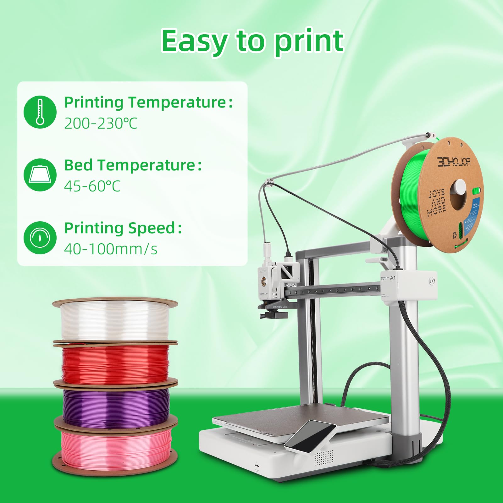 3Dhojor Silk Pla Filament 1.75Mm, Silk Pla 3D Printer Filament, 2.2 Lbs (1Kg) Cardboard Spool, Fit Most Fdm 3D Printer,Green