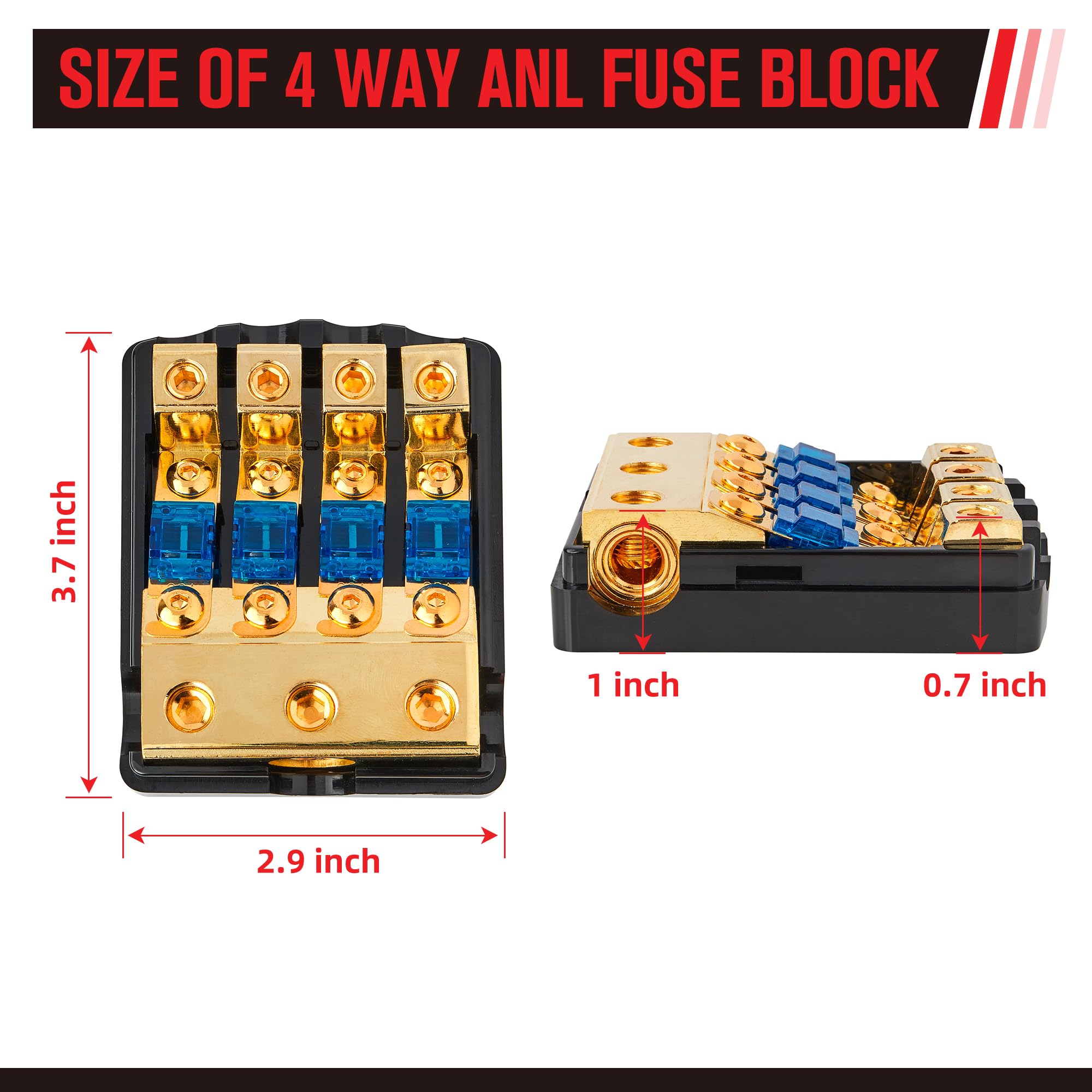 Red Wolf 4 Way Anl Fuse Holder 60A, 0/2/4 Gauge In 4/8 Gauge Out Fuse Distribution Block For Car Boat Trolling Motor Marine Audi