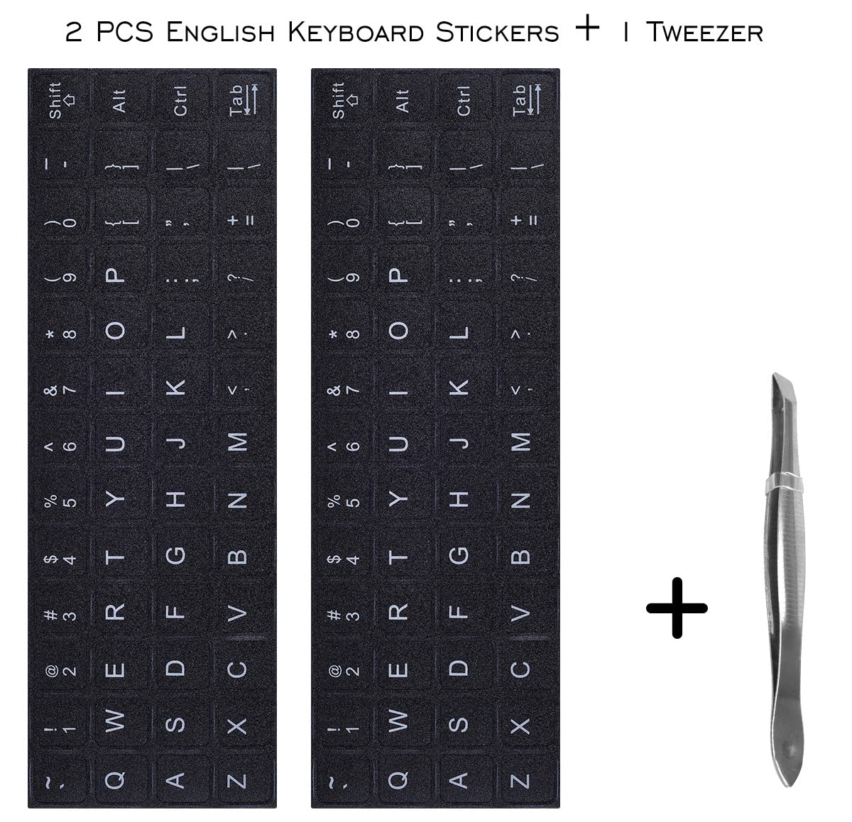 2Pcs Universal English Keyboard Stickers With Tweezer, Keyboard Stickers Black Background With White Lettering, Keyboard Letters