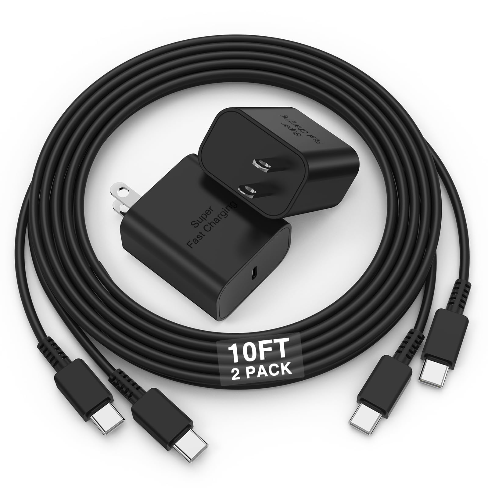 2Pack 45W Super Fast Charging Block and 10ft USB C to C Cable Long,Type C Wall Plug and Android Phone Charger Cord for Samsung G