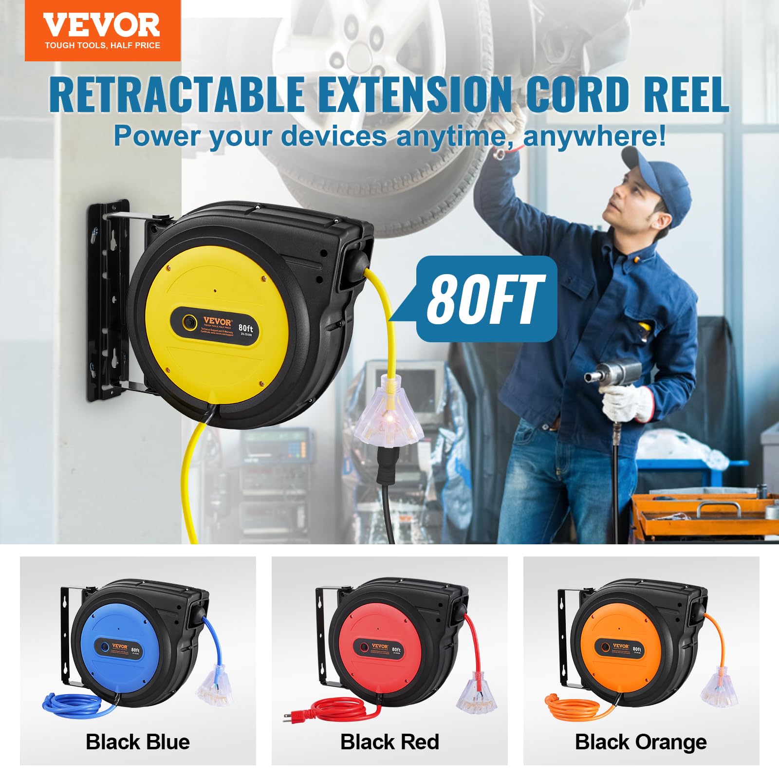 Vevor 80Ft Retractable Extension Cord Reel, 12Awg/3C Sjtow Heavy Duty Power Cord W/Lighted Electrical Triple Tap Outlets, 15A Ci