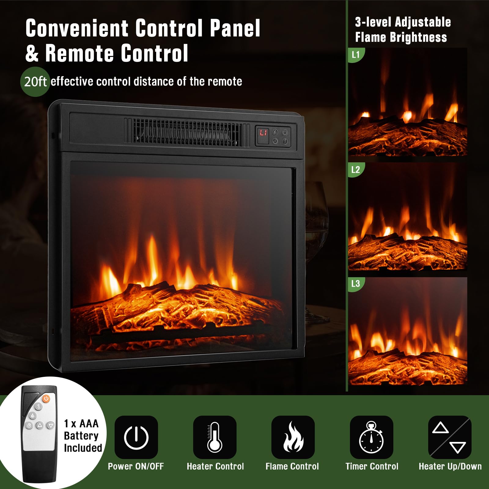 Simoe Fireplace Tv Stand For 55 Tv, 48 Inch Stand With 18 Inch Electric Fireplace Heater, Mondern Console W/Cabinets & Doors, 6H