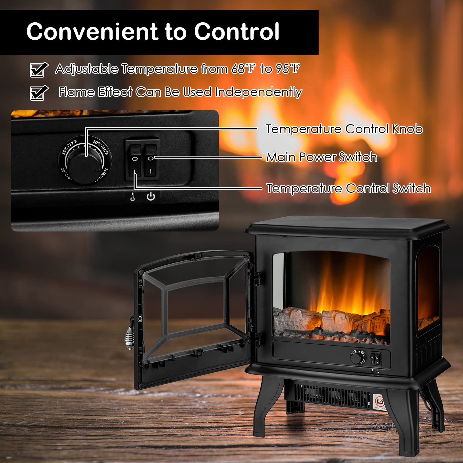 Goflame 20'' Electric Fireplace Stove, Freestanding Fireplace Heater With Realistic Flame Effect And Adjustable Thermostat, Comp