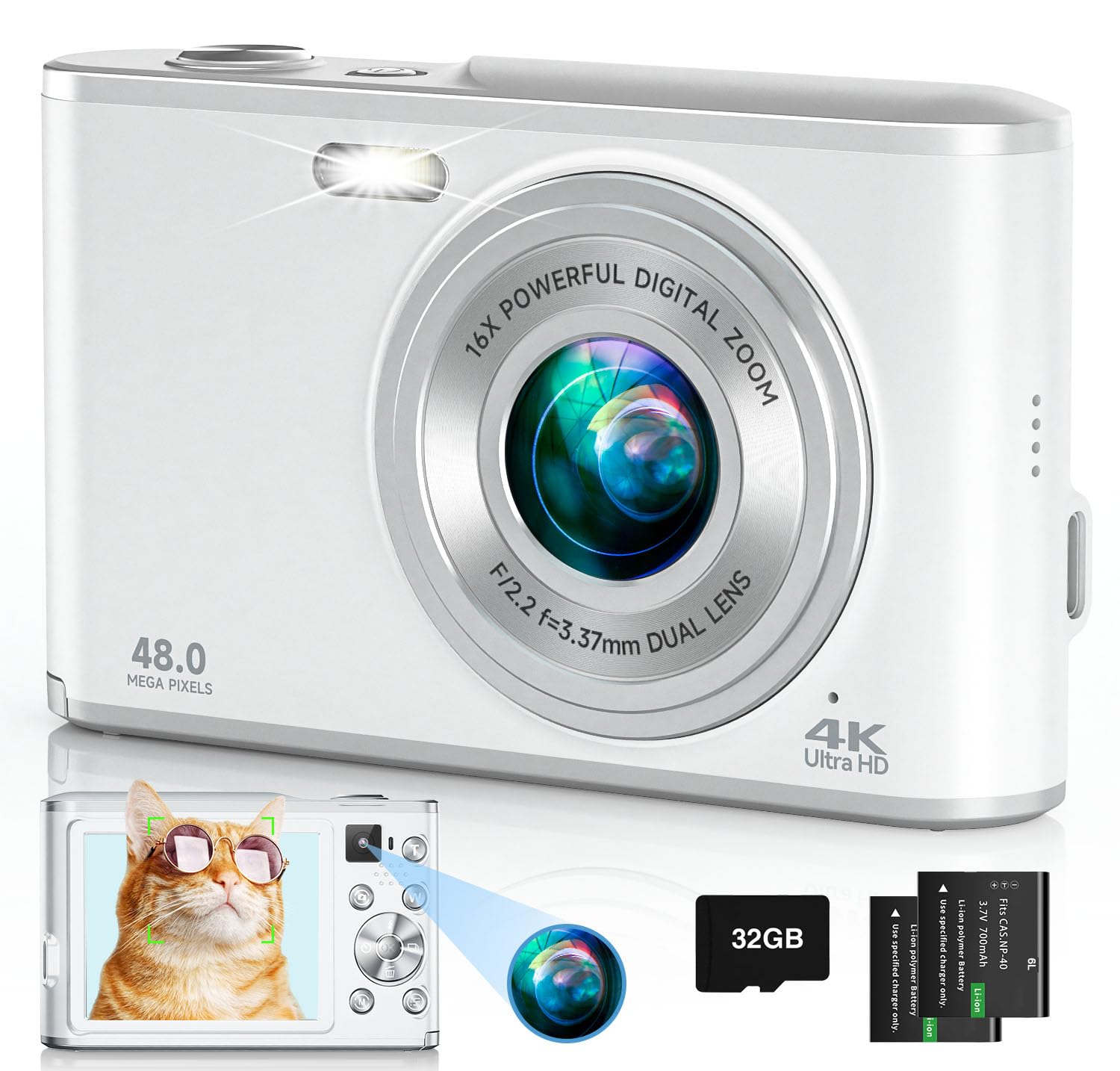 4K Digital Camera, 48Mp Autofocus Kids Camera Selfie With Front And Rear Dual Lenses, 32Gb Card, 2 Batteries, 16X Digital Zoom, 