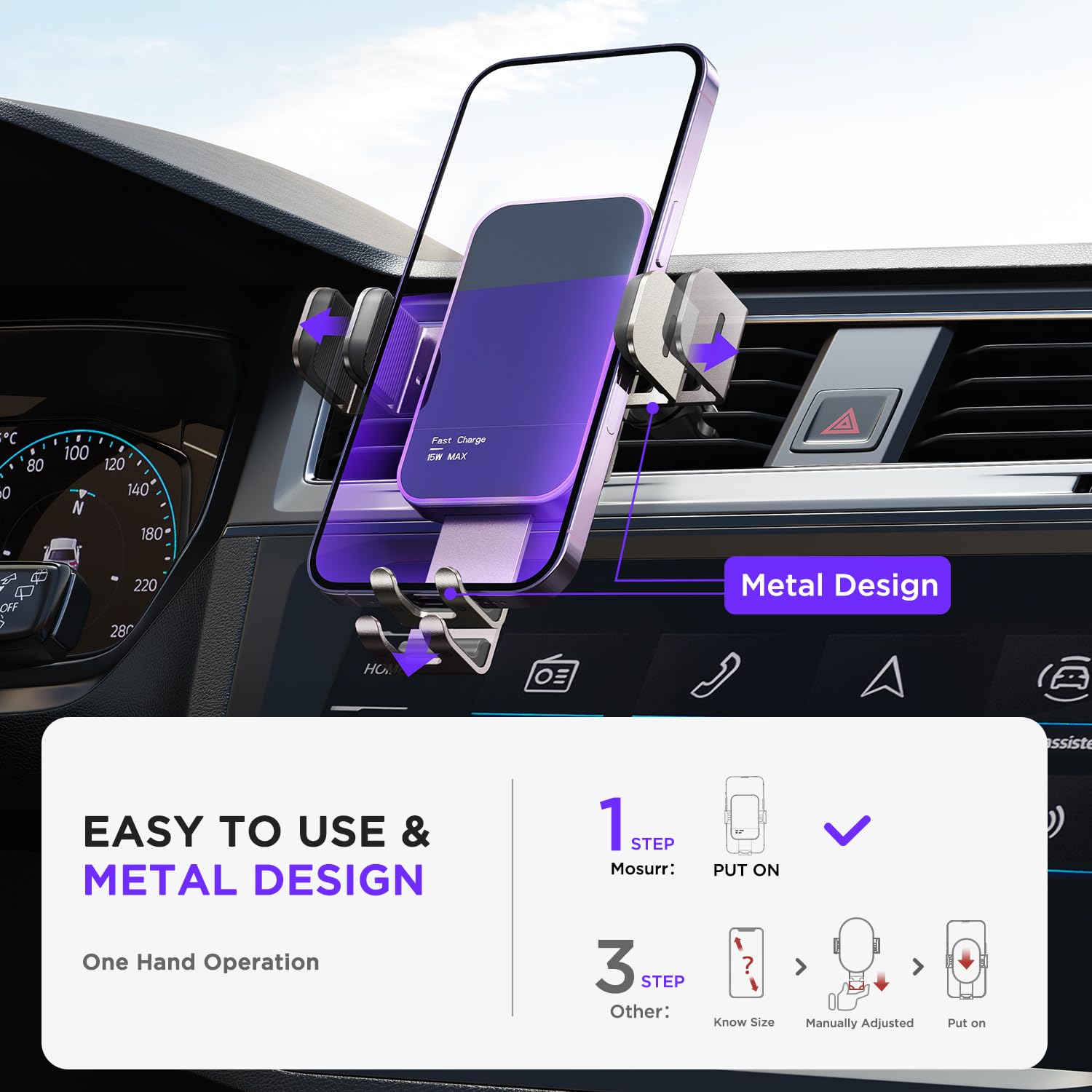 Wireless Car Charger,?7 Colored Rgb Backlit? 15W Auto Clamping Car Charger Phone Mount Holder For Iphone 15 14 13 12 Mini Pro Ma