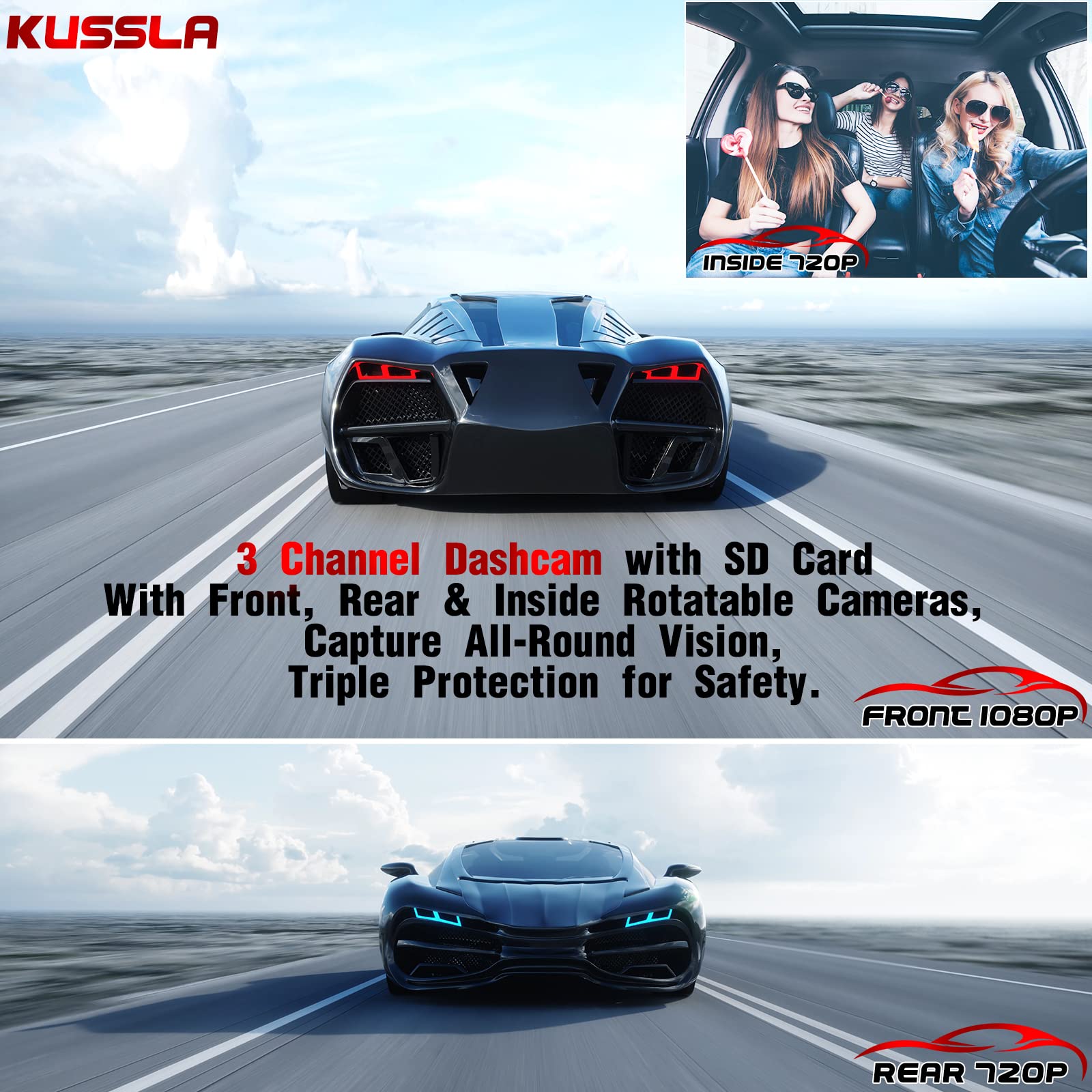 Kussla 3 Channel Dash Cam Front And Rear Inside, 1080P Dash Camera For Cars With 64Gb Card, Super Night Vision Dashcam, Car Came
