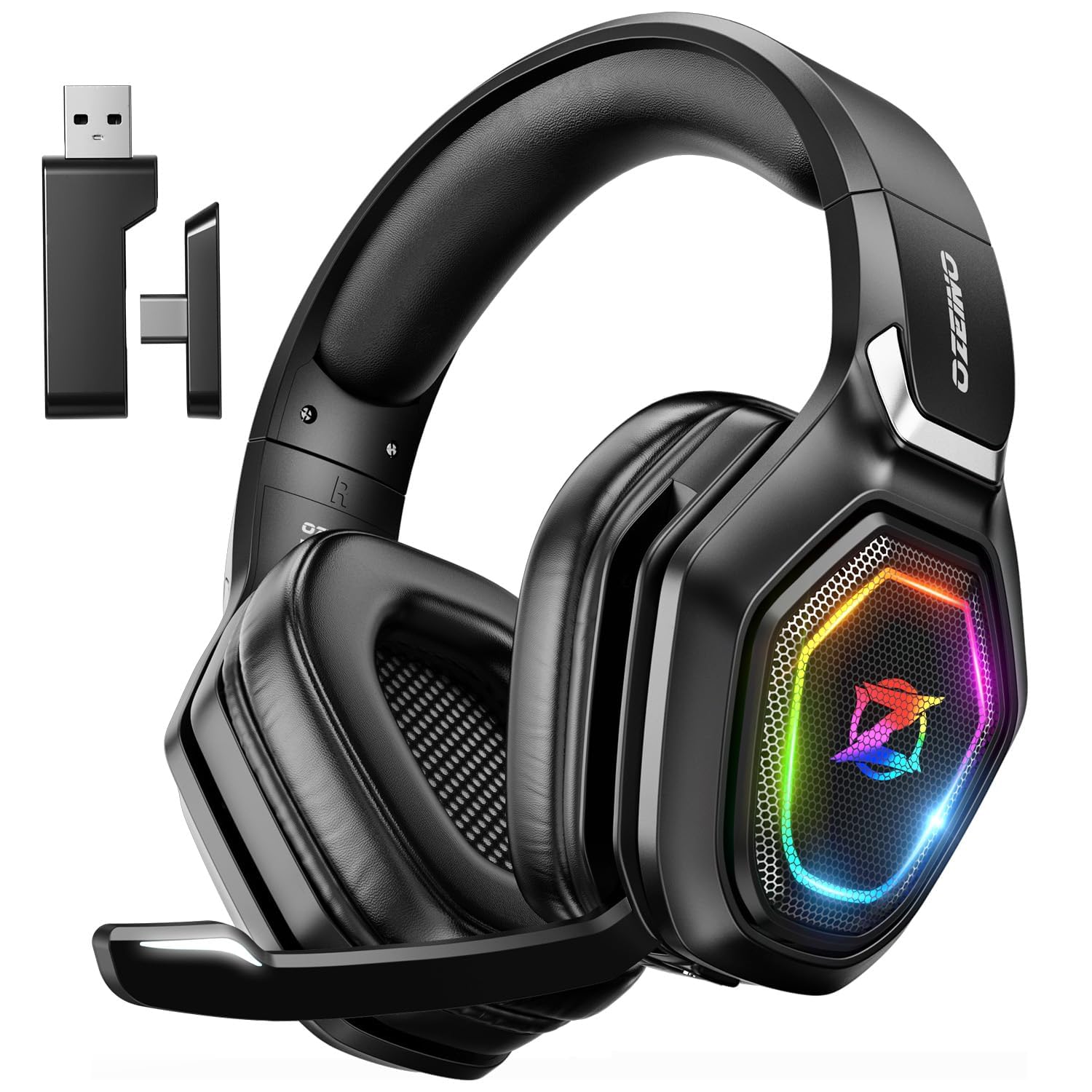 Ozeino 2.4Ghz Wireless Gaming Headset With Microphone, 2.4G Usb & Type C Transmitter   30H Battery Life   Rgb Lighting Gaming He
