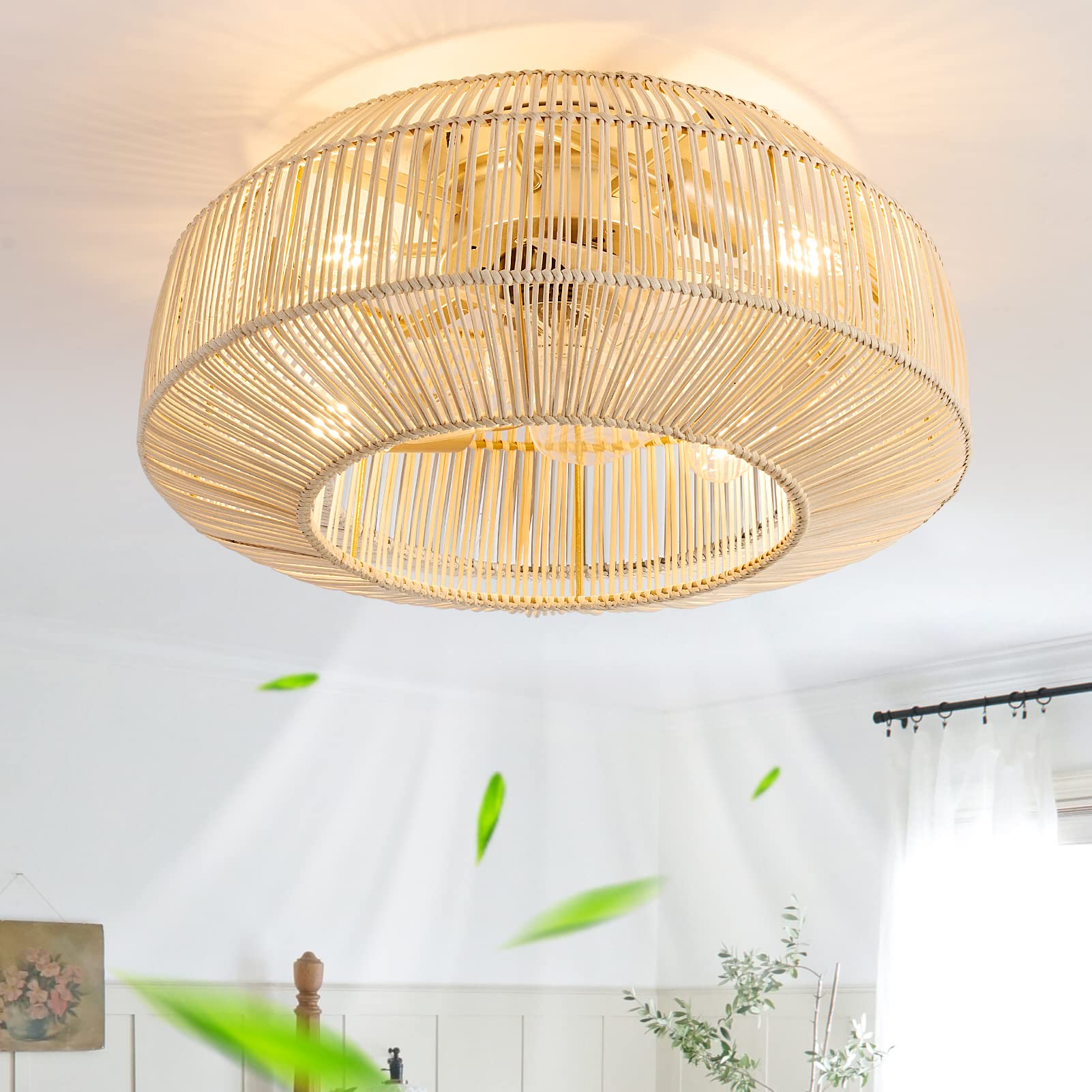 zheshirui 20 Boho Caged Ceiling Fan with Lights Flush Mount, Low Profile Rattan Ceiling Fans with Lights and Remote Control, Enc