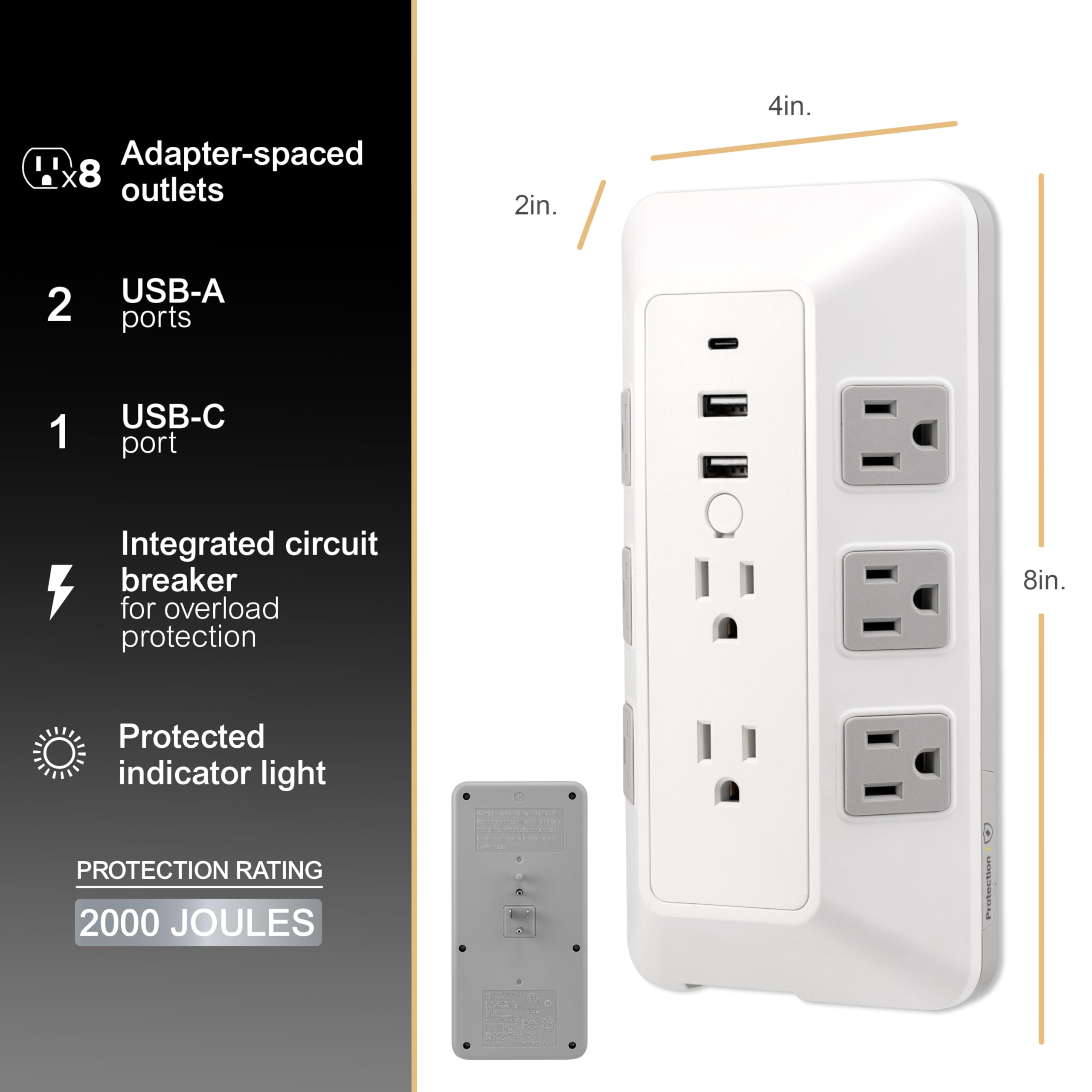 Ge 8 Outlet Surge Protector With Usb, Outlet Extender, 2 Usb A, 1 Usb C, Adapter Spaced, For Home School And Office, 2000J, Whit