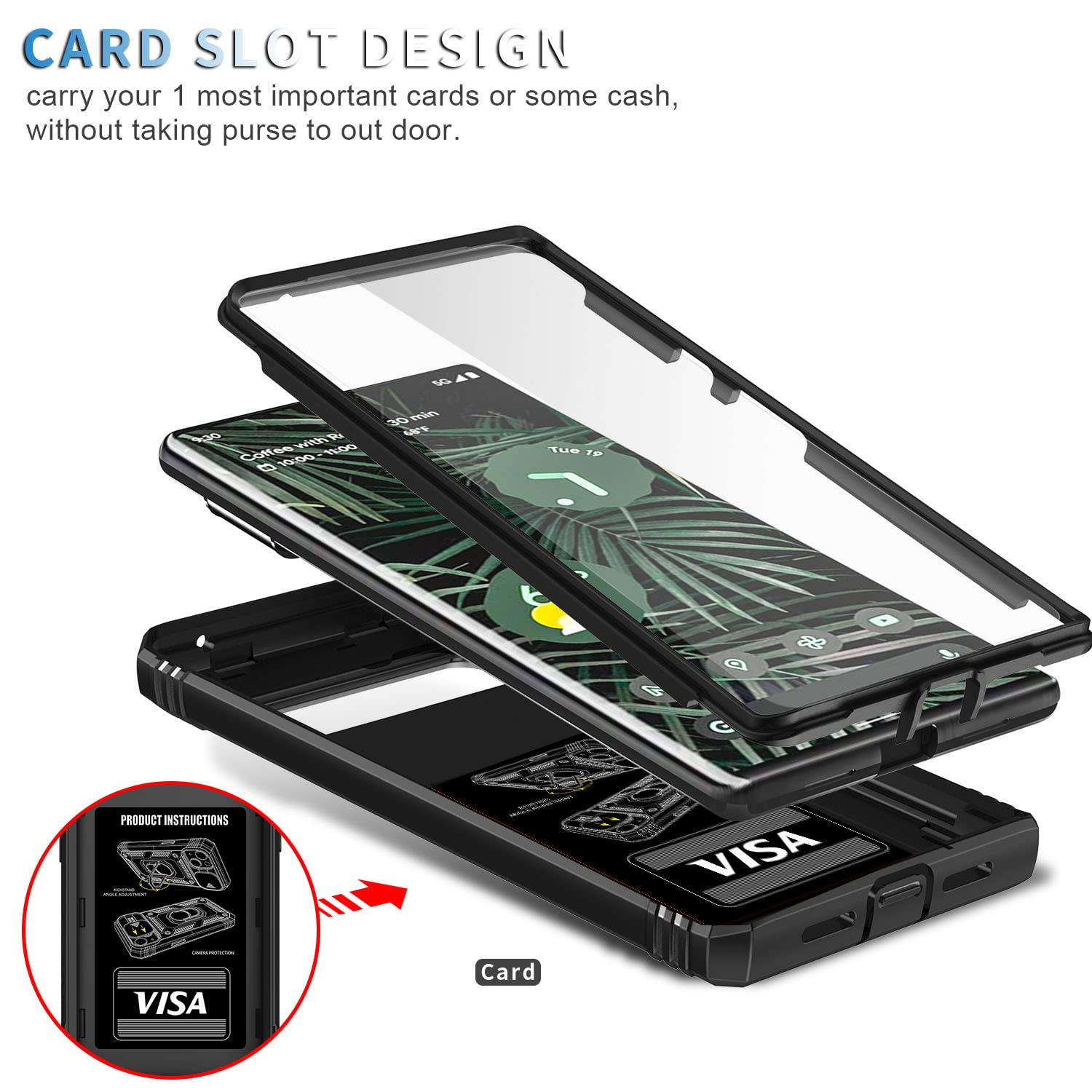 Fetrim Google Pixel 6 Pro Case   Black, Dual Layer Shockproof, Camera Cover, Rotation Ring Stand, Magnetic Car Mount