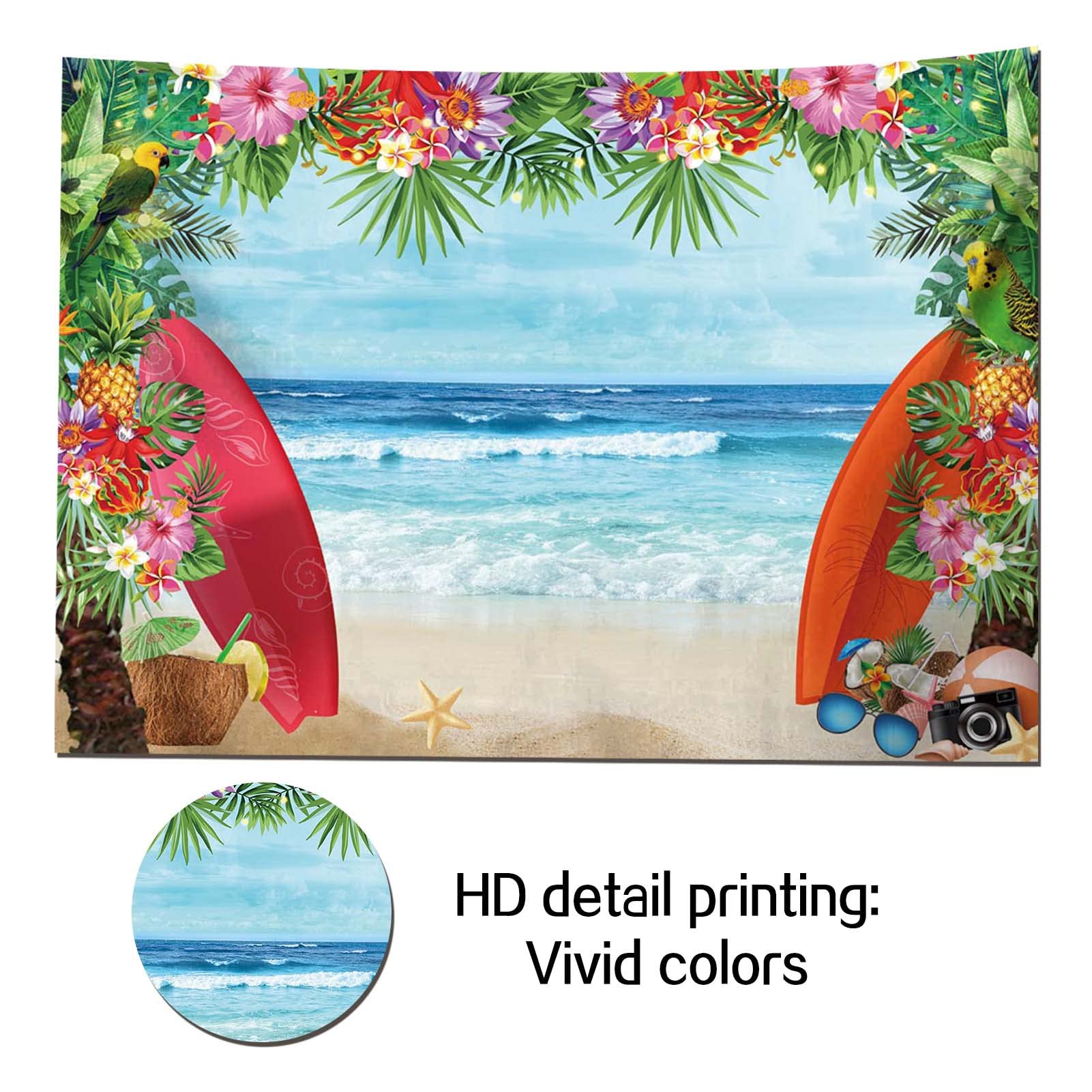 Hqm 7X5Ft Fabric Summer Tropical Beach Photo Background Beach Conch Hawaii Blue Sea Flower Children Birthday Luau Party Photogra