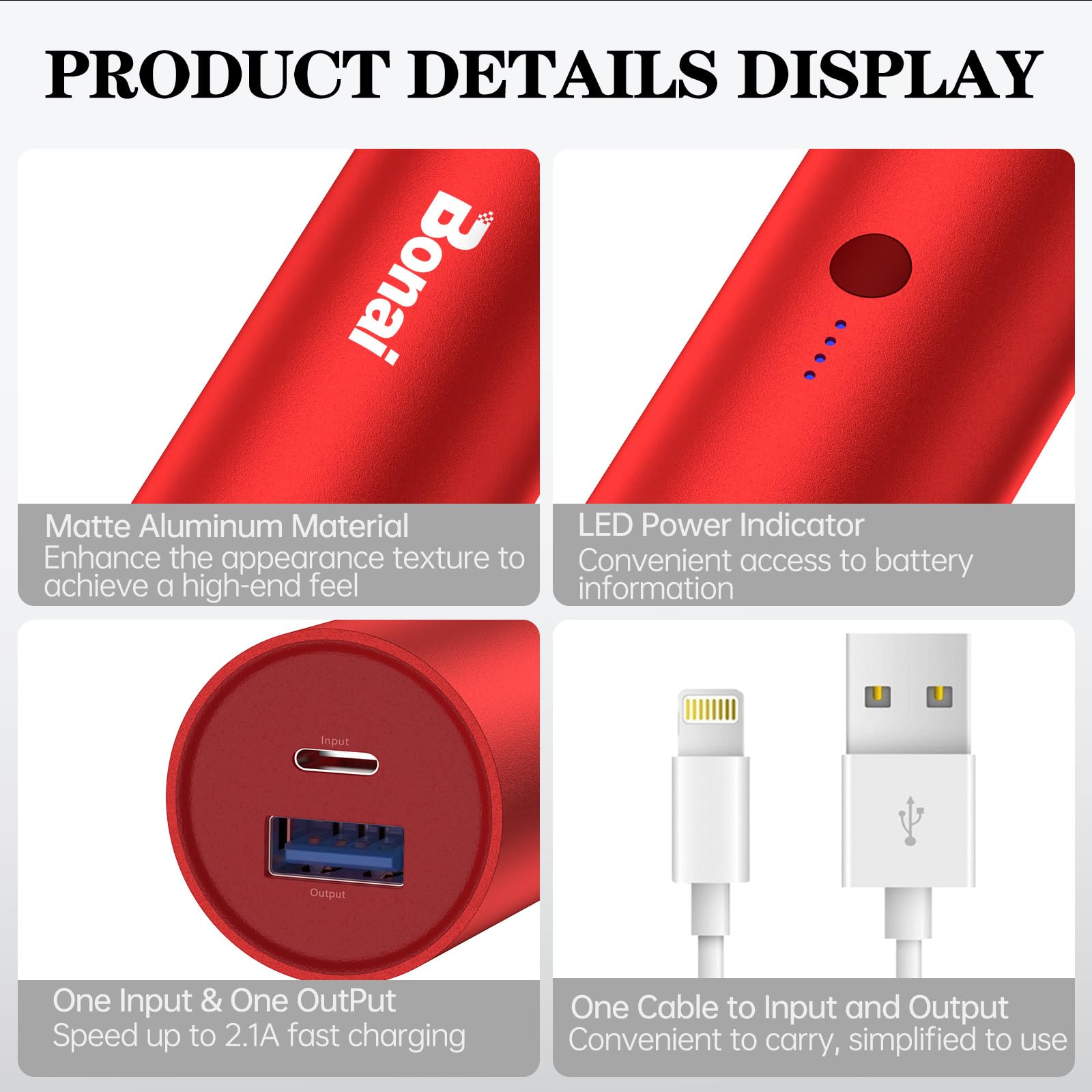 Bonai Portable Charger Power Bank 5000Mah (Ultra Compact)(Aluminum)(Travel) Slim External Backup Battery Pack High Speed Output