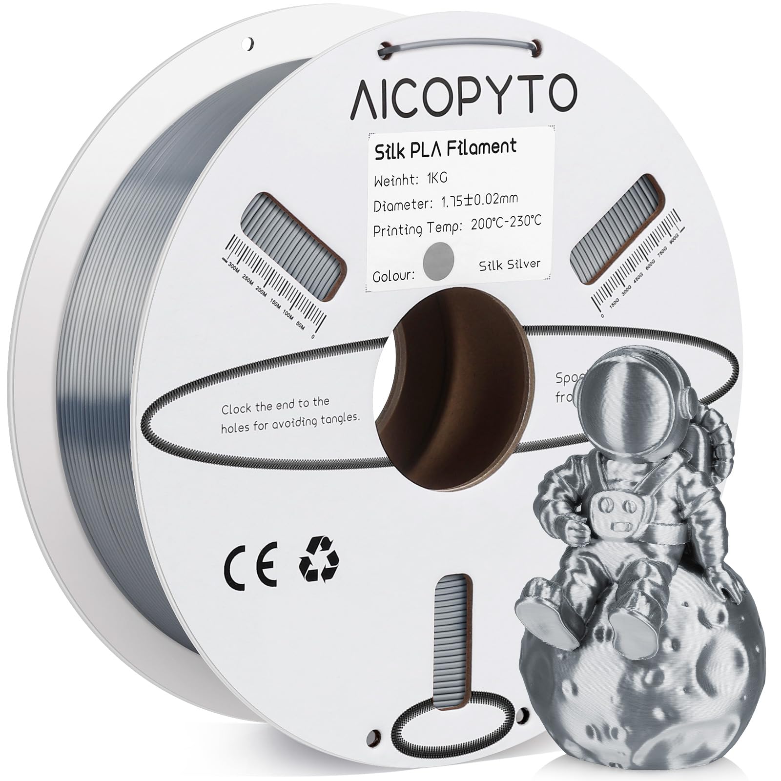 AICOPYTO Silk Silver PLA Filament 1.75mm, 3D Printer Silk PLA Silver Filament 1KG Spool (2.2lbs) Dimensional Accuracy Probabilit