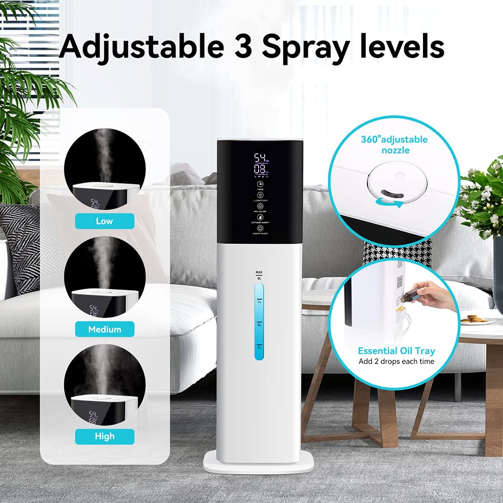 Humidifiers Large Room Bedroom With 7 Colors Light,Honovos 8L 2.1Gal Quiet Ultrasonic Cool Mist Topfill Humidifier With 360 Nozz