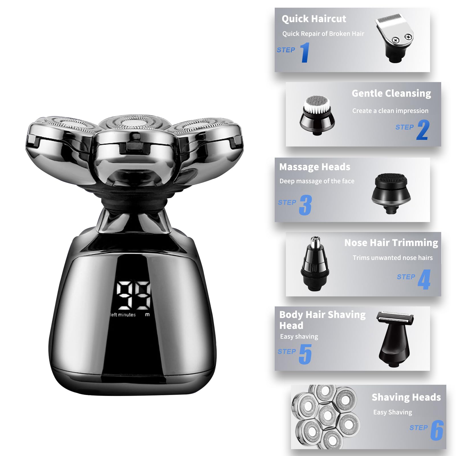 Cordless 7D Head Shavers For Bald Men Multifunctional Rechargeable Electric Razor Ipx6 Waterproof For Home Travel