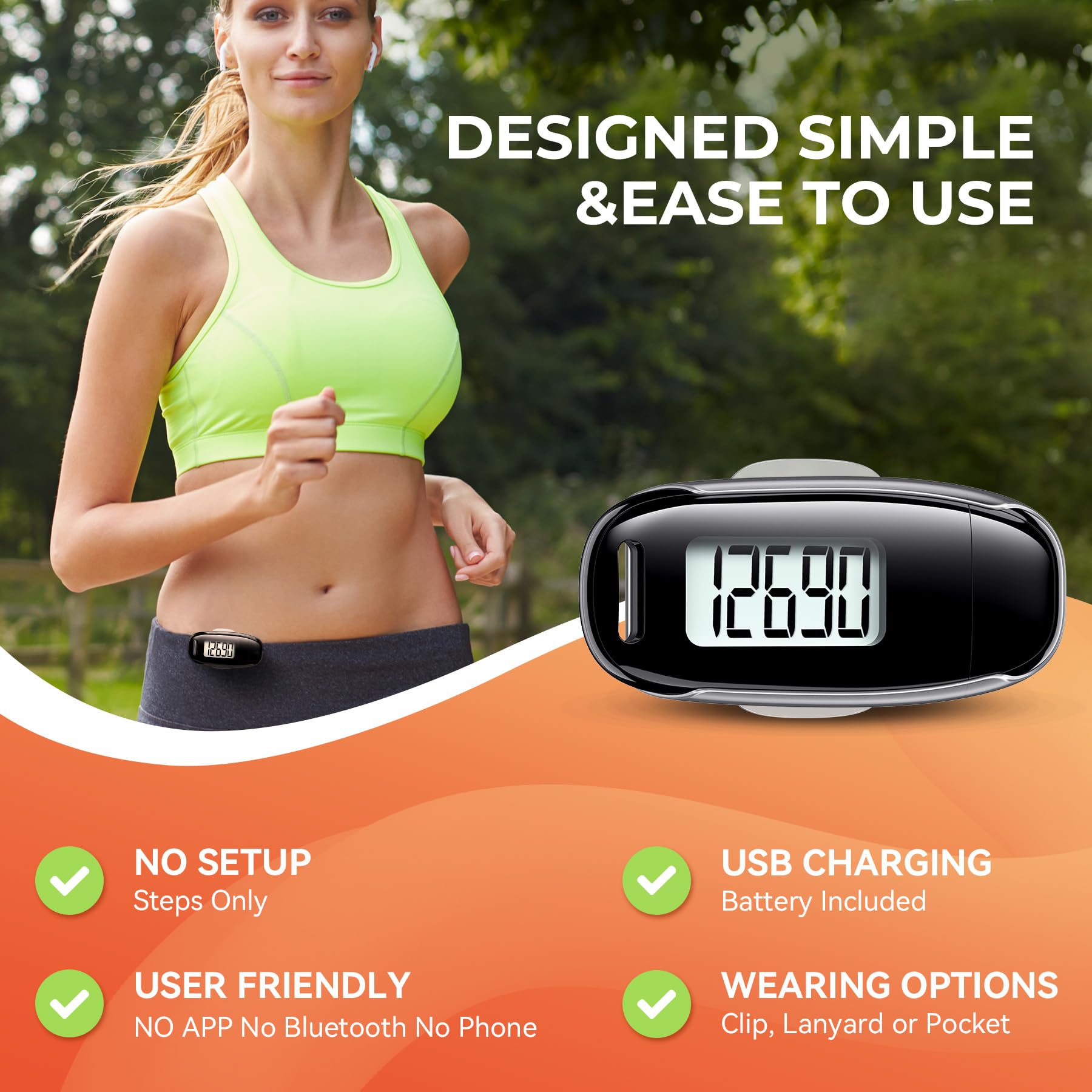3D Pedometer For Walking, Simple Walking Step Counter With Removable Clip And Strap, Usb Rechargeable Step Tracker With Backligh