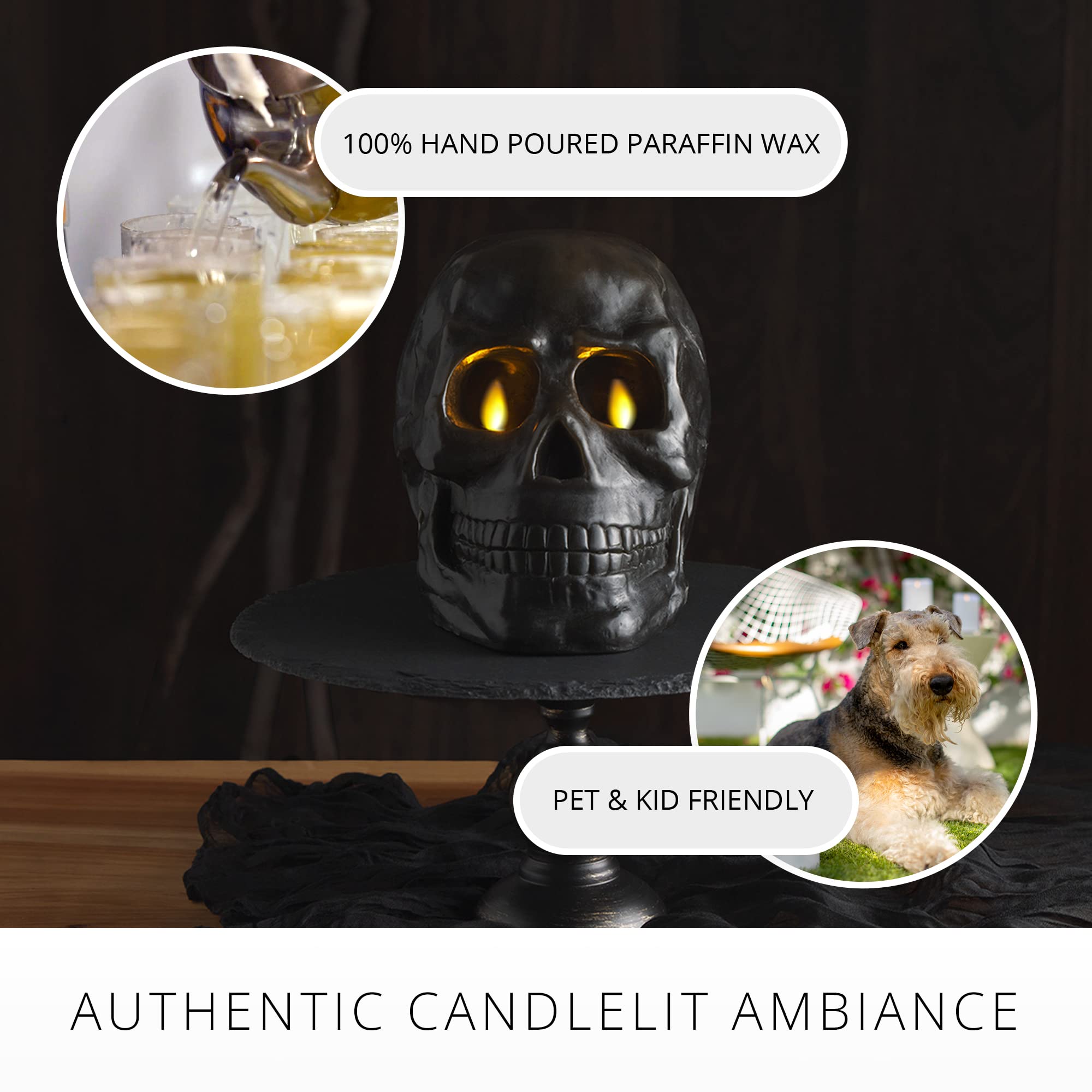 Luminara Flameless Dual Moving Flame Large Skeleton Skull Figural (5.85'' X 7.5'') Real Wax Led Candle, Unscented, Timer   Black