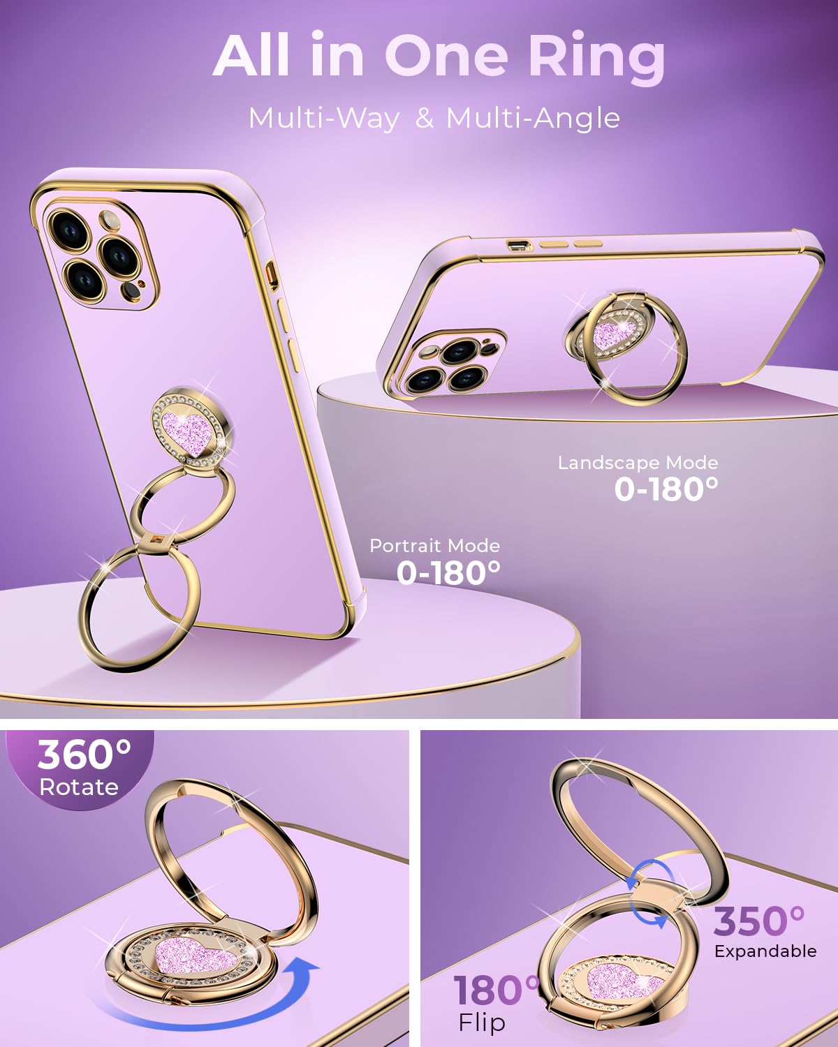 Xyz For Iphone 13 Pro Max Case With Stand, Phone Case With Double Ring Kickstand, Women Girls Bling Luxury Protective Case Heart