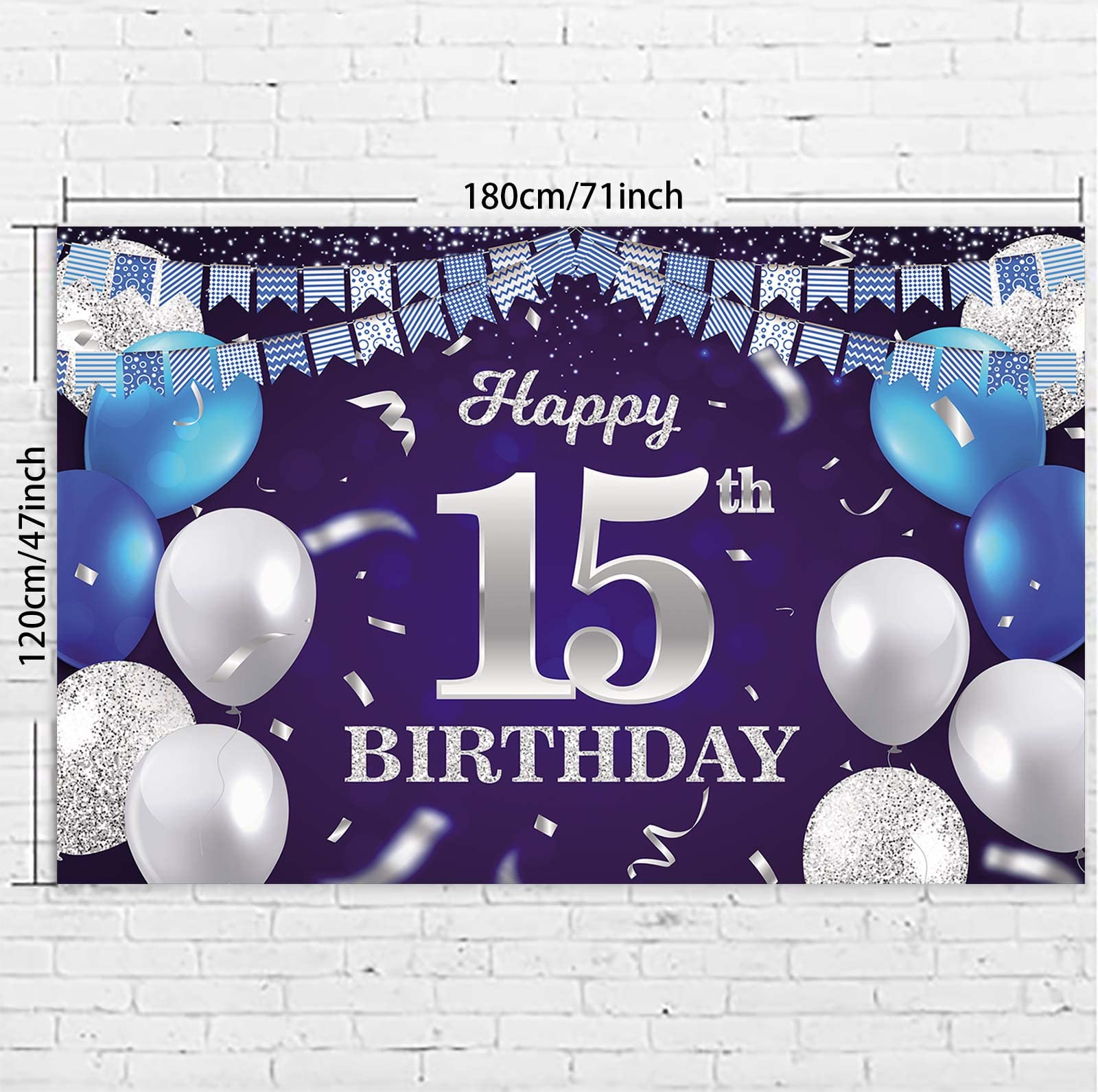 Happy 15Th Birthday Banner Backdrop Navy Blue Balloons Confetti Stripe Flag Light Spots Cheers To 15 Years Old Theme Decorations