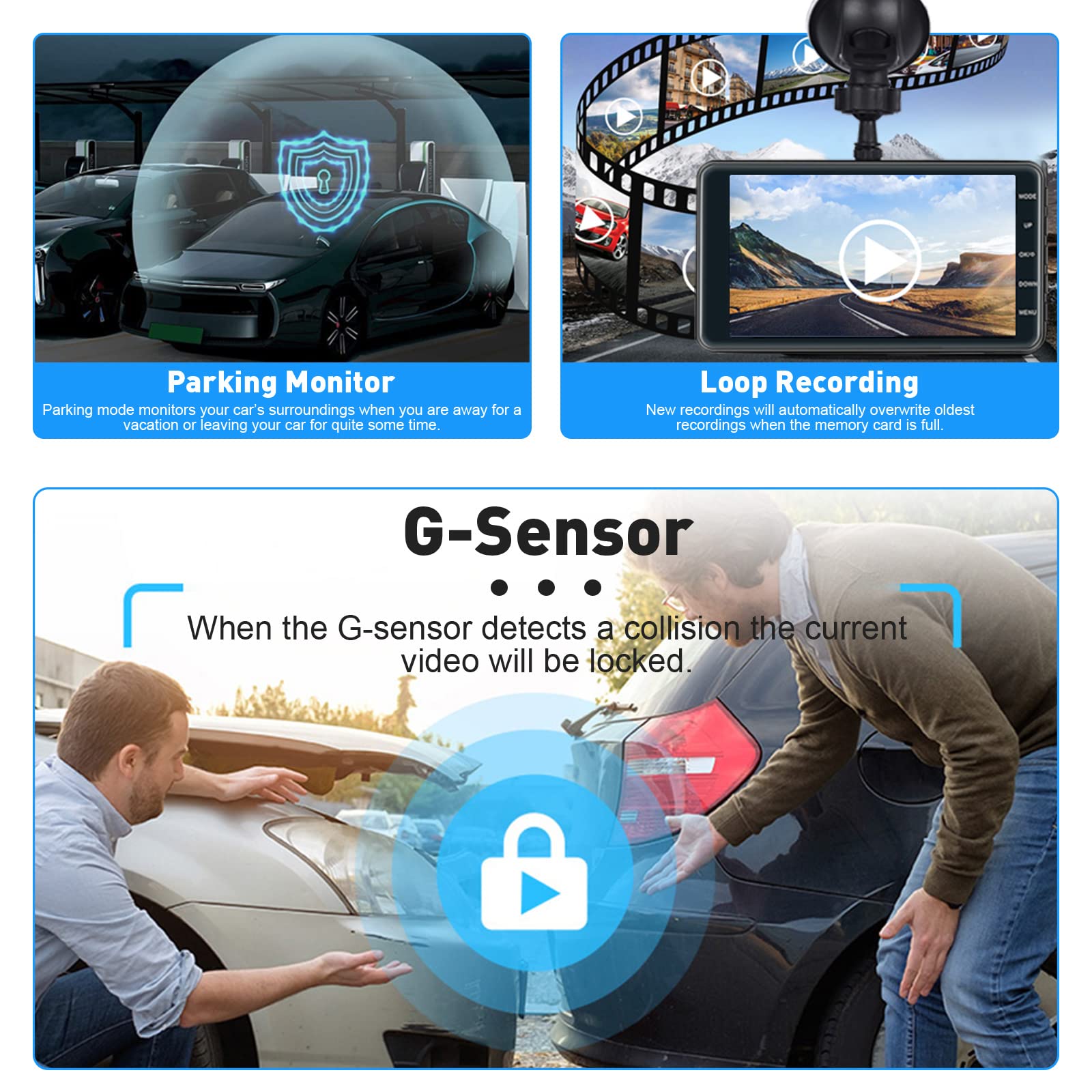 Roinvou Dual Dash Cam Front And Rear View, 4'' Lcd Touch Screen Fhd 1080P Dashboard Camera Recorder Car Dashcam With Rear Camera