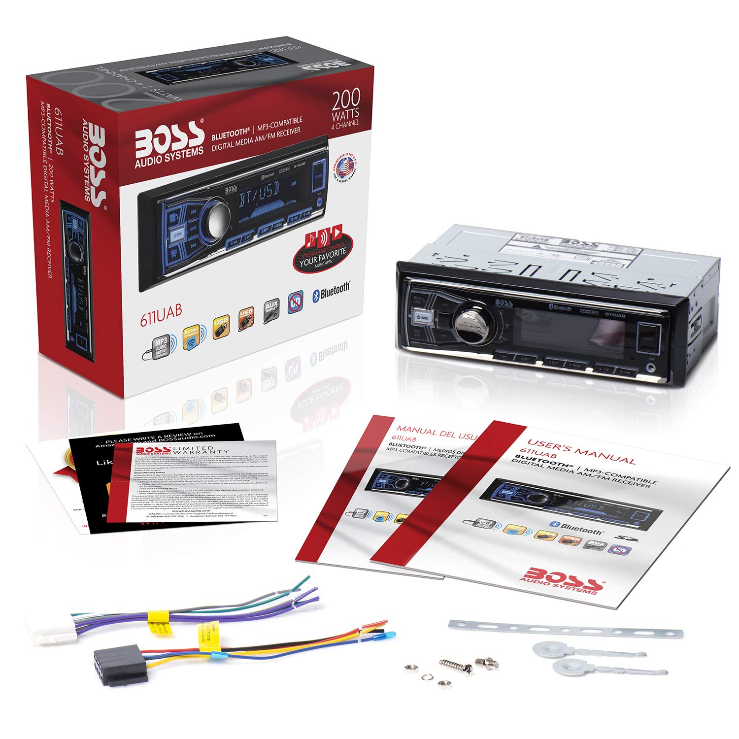 Boss Audio Systems 611Uab Car Stereo System   Single Din, Bluetooth Audio And Calling Head Unit, Aux Input, Usb, Mechless, No Cd