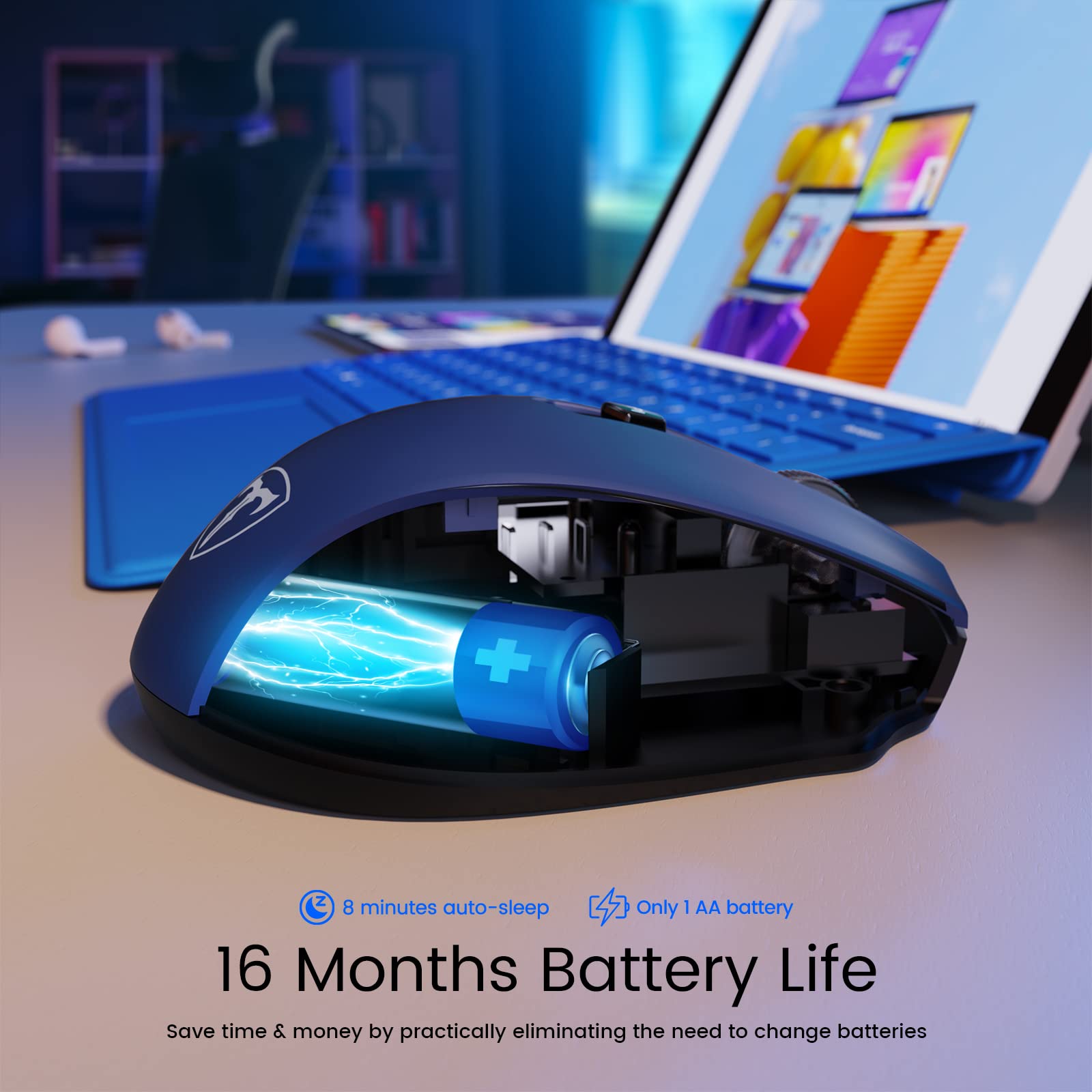 Hotweems D 09 Wireless Mouse For Laptop   Ergonomic Plus Computer Usb Cordless Mice, Ergo Grips, Lightspeed 5 Level 2400 Dpi, 16 Months Battery, Portable For Pc Mac Chromebook, 6 Button, Sapphire Blue