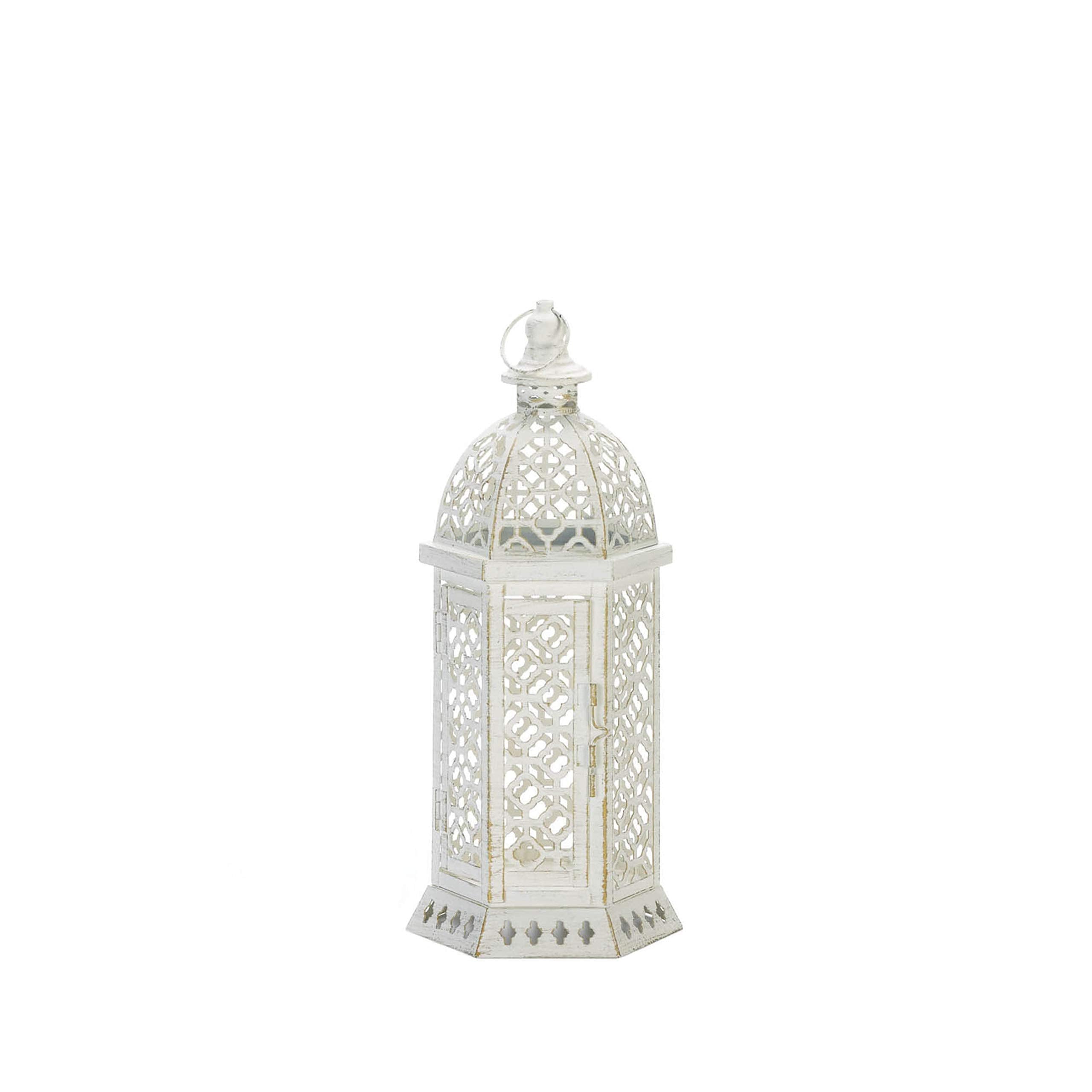 Zingz & Thingz Vintage Cutwork Hexagon Lantern, Decorative Light Home Decor, Small, 15.5 Tall, White