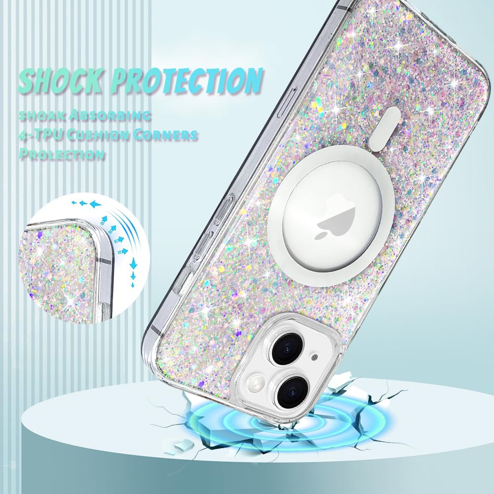 Bonoma For Iphone 14 Case, Sparkly Glitter Bling Back, Magnetic Support For Magsafe Shockproof Case, Crystal And Clear High Duty