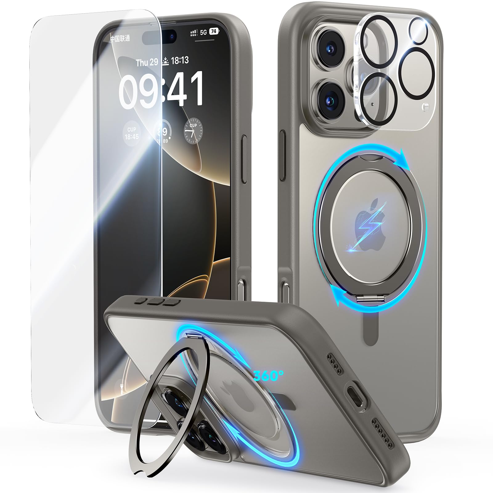 Jueshituo 3 In 1 For Iphone 16 Pro Max Case, 360 Rotatable Magnetic Ring Stand With [Rotary Damping Sound] [1X Screen Protector+