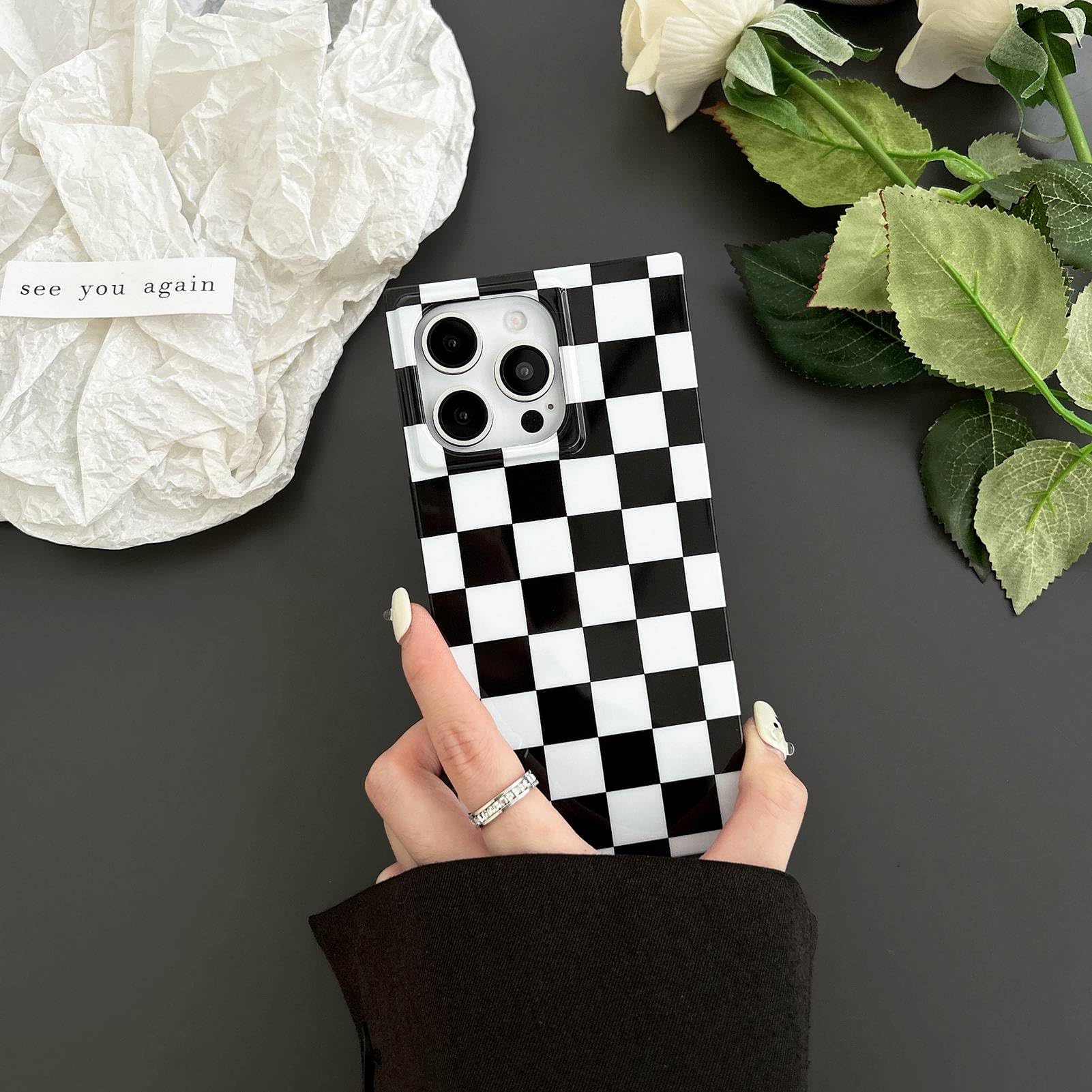 Reezaddin Square Checkered Phone Case for iPhone 13 Pro Max TPU Black White 6.7" Strong Shockproof Protective