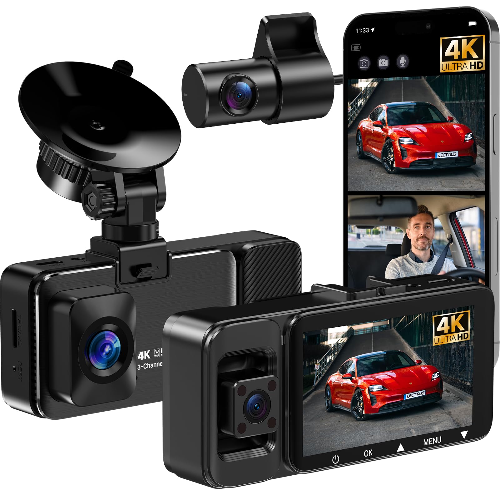 3 Channel Dash Cam Front Inside And Rear, 4K Full Hd Car Dash Camera With 64Gb Card, Night Vision, App Control, Loop Recording,