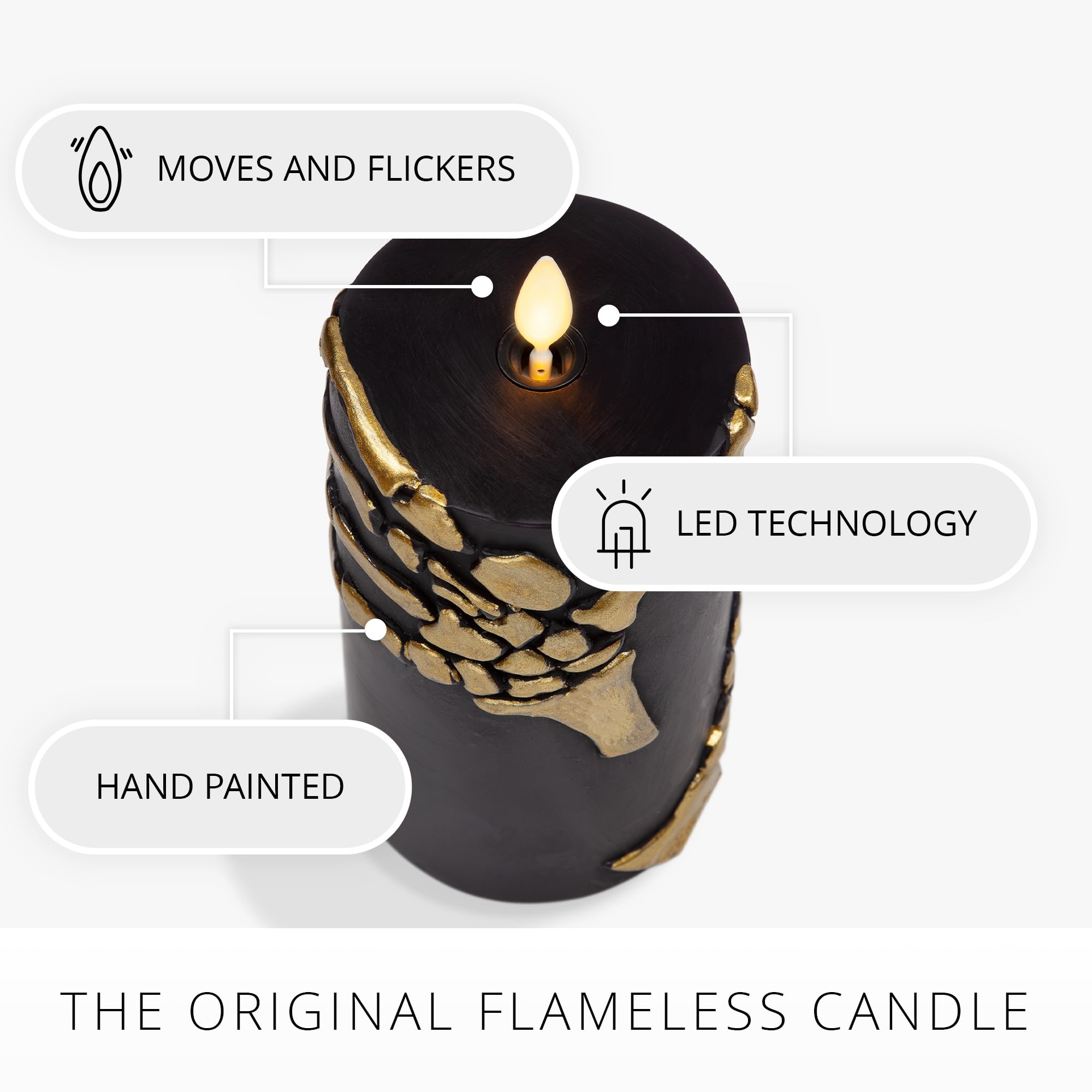 Luminara Black And Gold Skeleton Hands Flameless Led Candle, Flat Top Moving Flame Pillar, Real Unscented Wax And Timer (3.25''