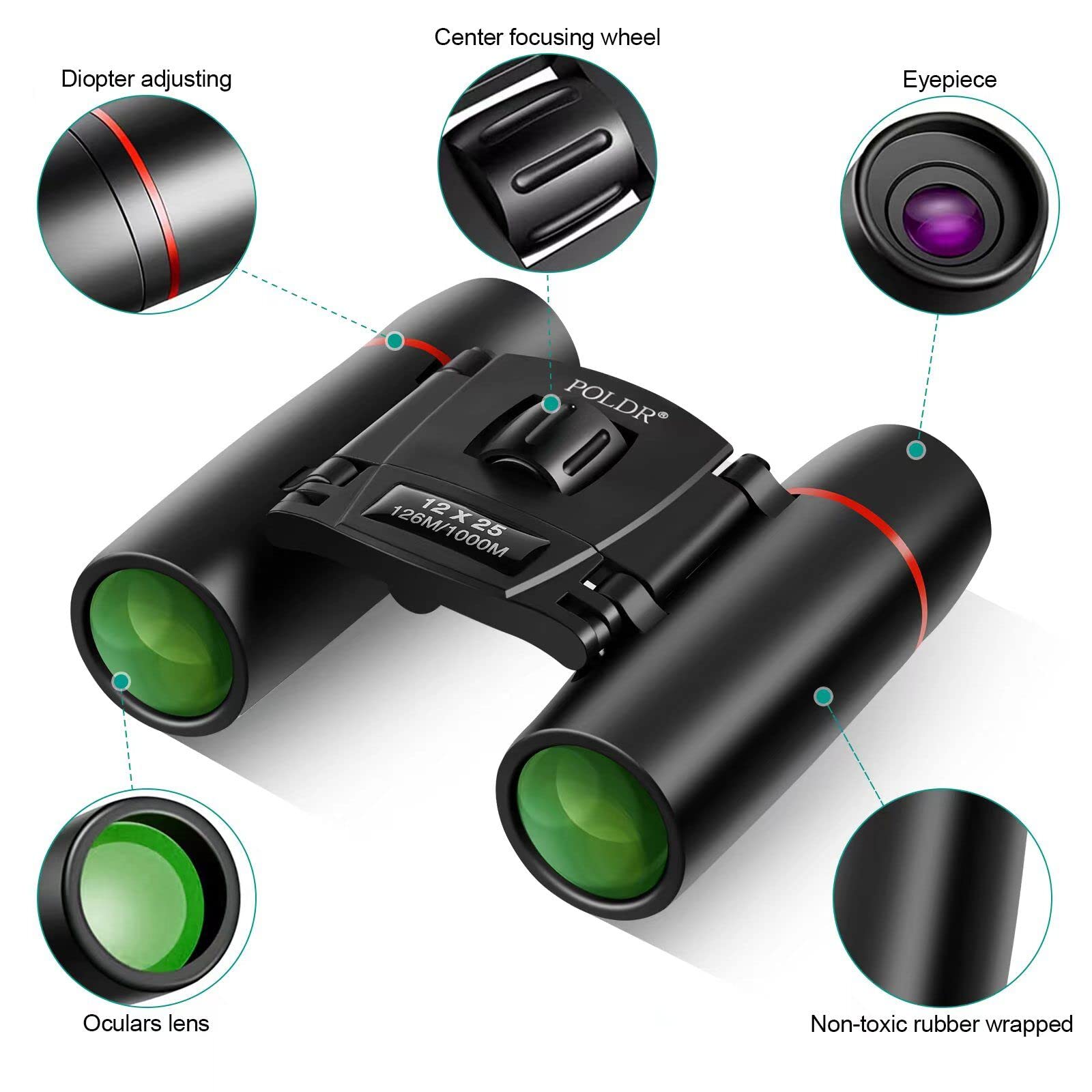 Poldr 12X25 Small Binoculars With Clear Vision, Pocket Binoculars Compact For Adults Theater Concert Opera Travel Bird Watching